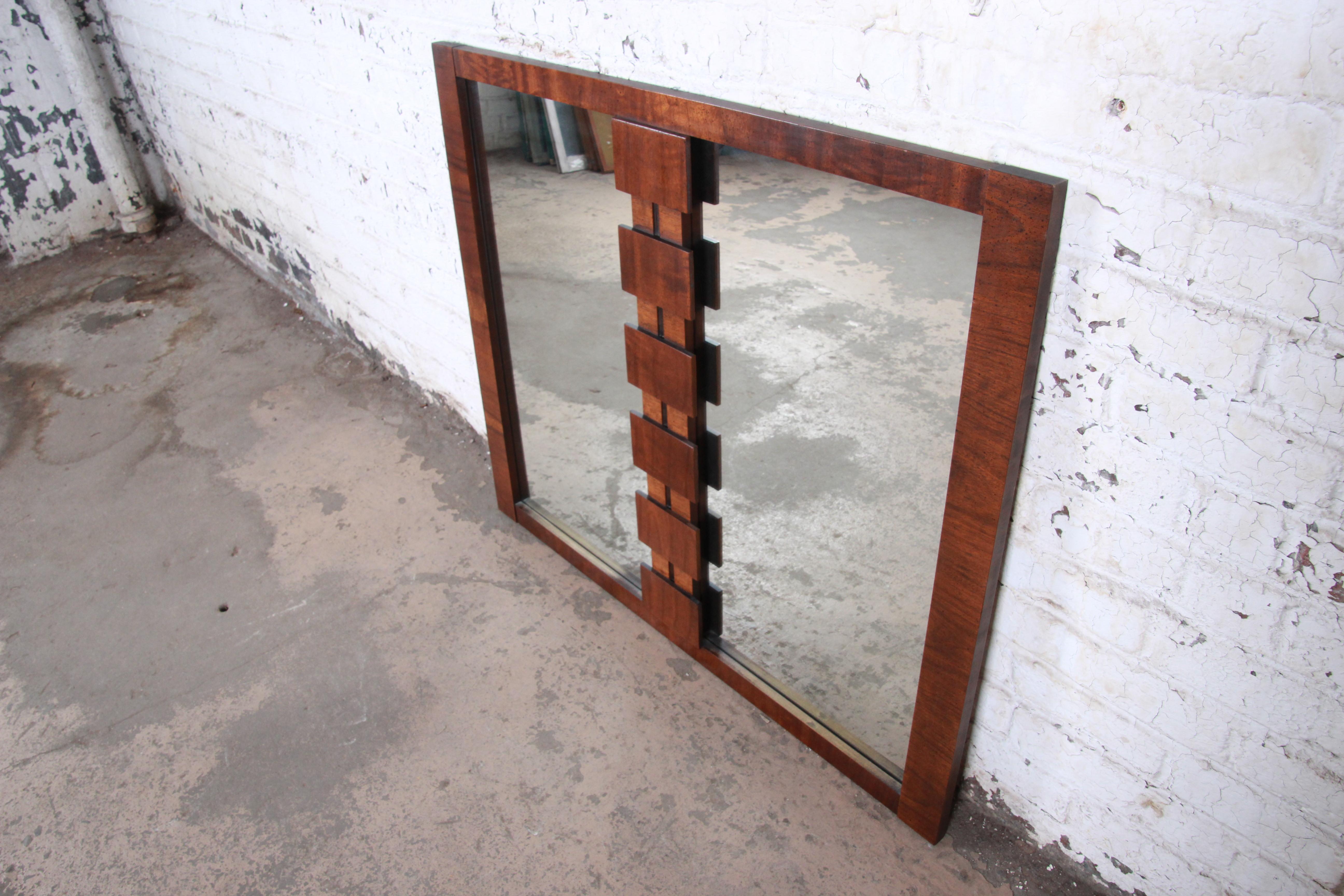 American Paul Evans Style Mid-Century Modern Brutalist Walnut Double Mirror by Lane