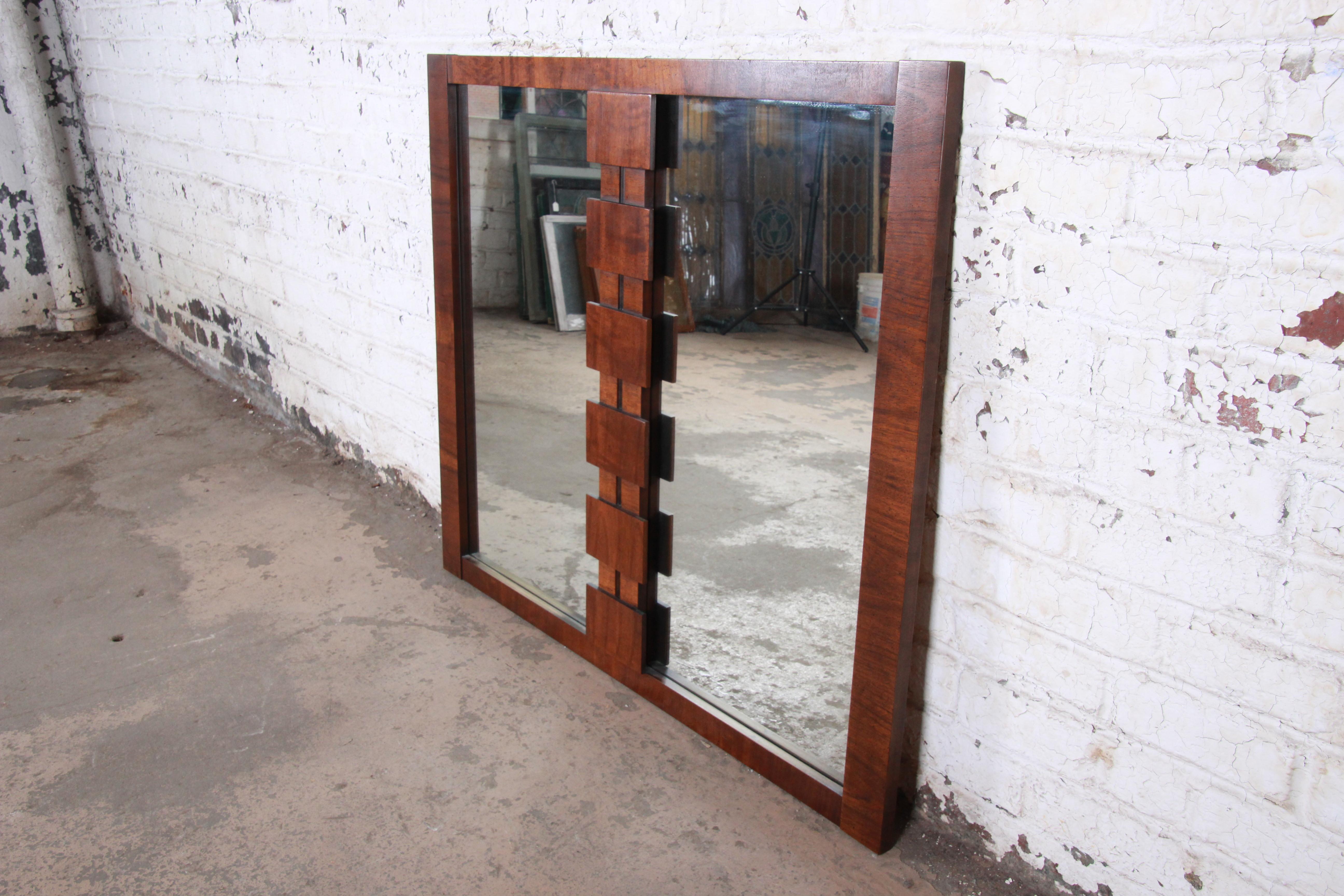 Paul Evans Style Mid-Century Modern Brutalist Walnut Double Mirror by Lane In Good Condition In South Bend, IN