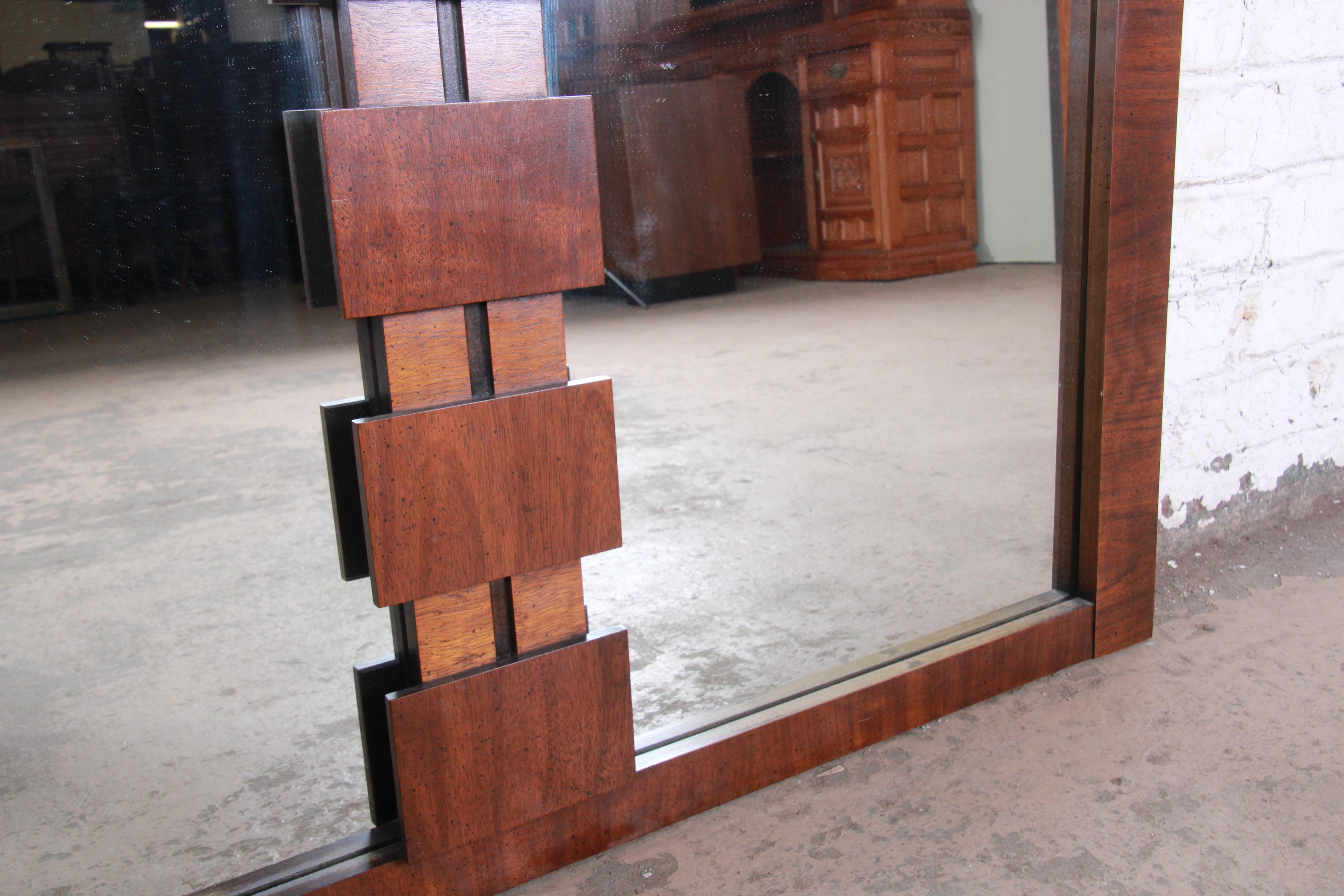 Paul Evans Style Mid-Century Modern Brutalist Walnut Double Mirror by Lane 1