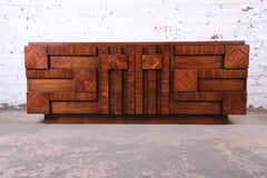 Paul Evans Style Mid-Century Modern Brutalist Walnut Dresser or Credenza by Lane