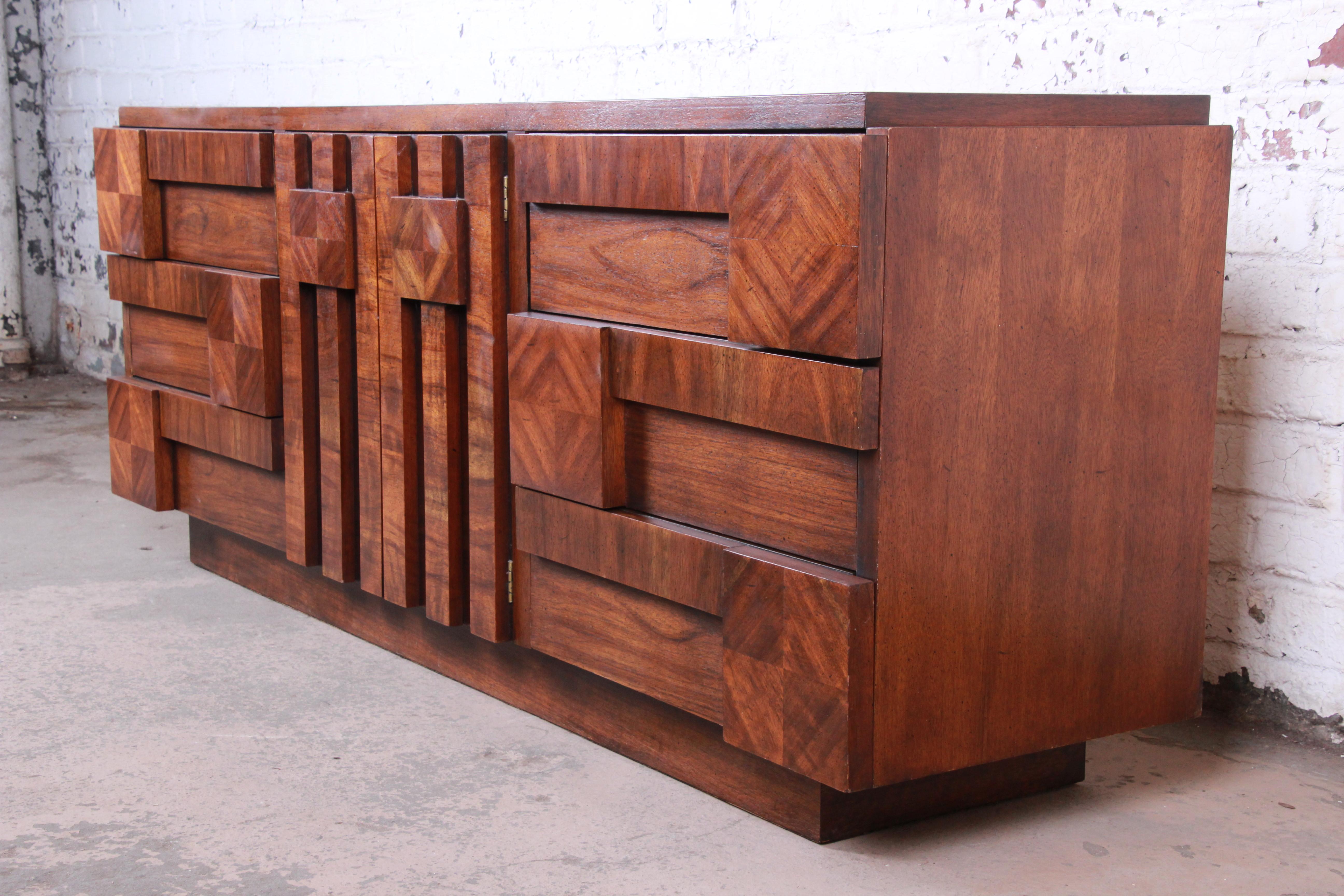 American Paul Evans Style Mid-Century Modern Brutalist Walnut Dresser or Credenza by Lane