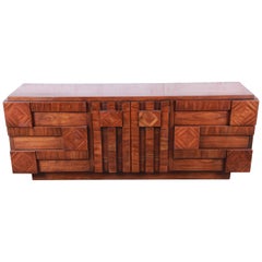 Paul Evans Style Mid-Century Modern Brutalist Walnut Dresser or Credenza by Lane