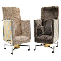 Paul Evans Style Monumental High Back Throne Chairs on Casters. Chrome, Brass.