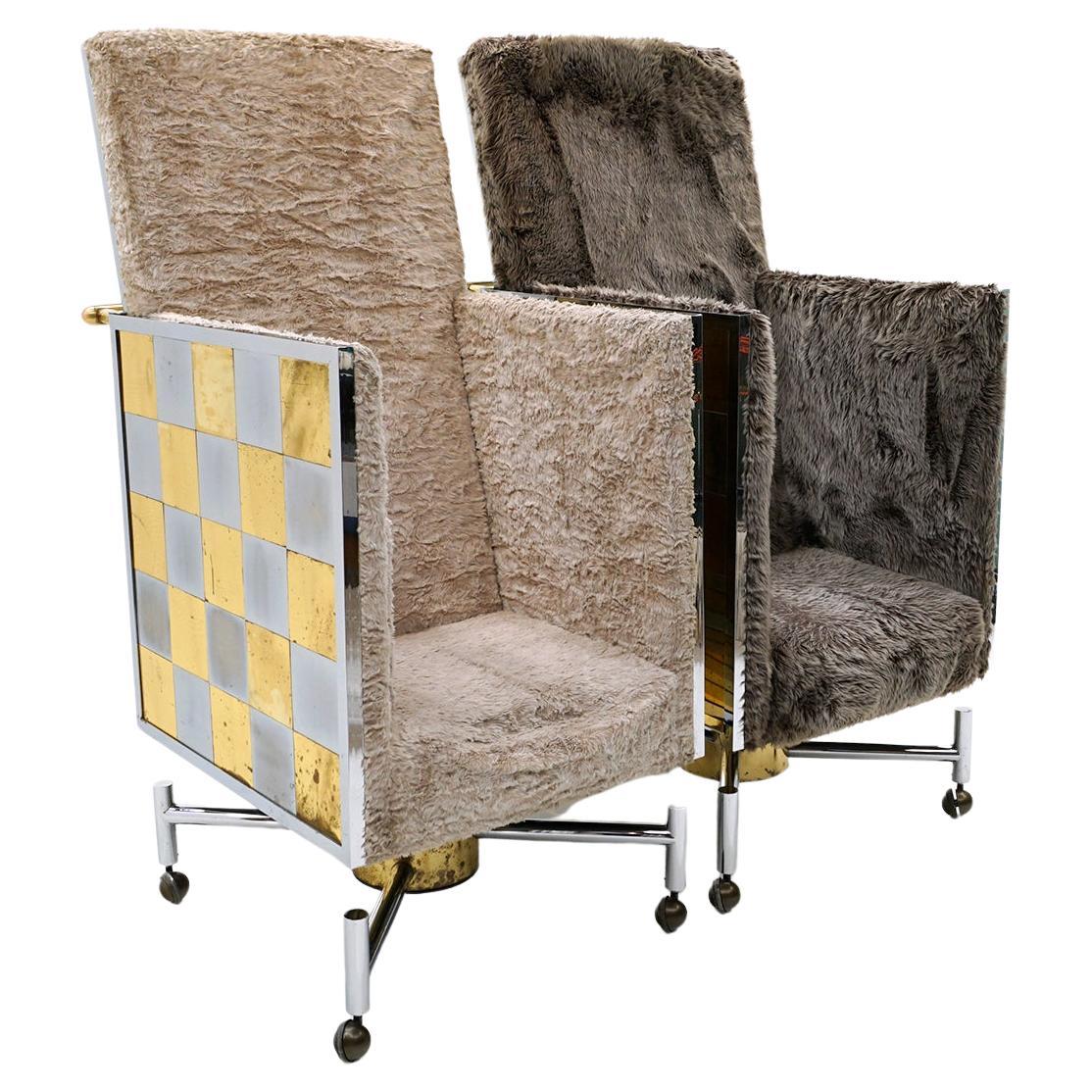 Sedie a trono con schienale alto monumentale in stile Paul Evans con rotelle. Cromo, Ottone. in vendita
