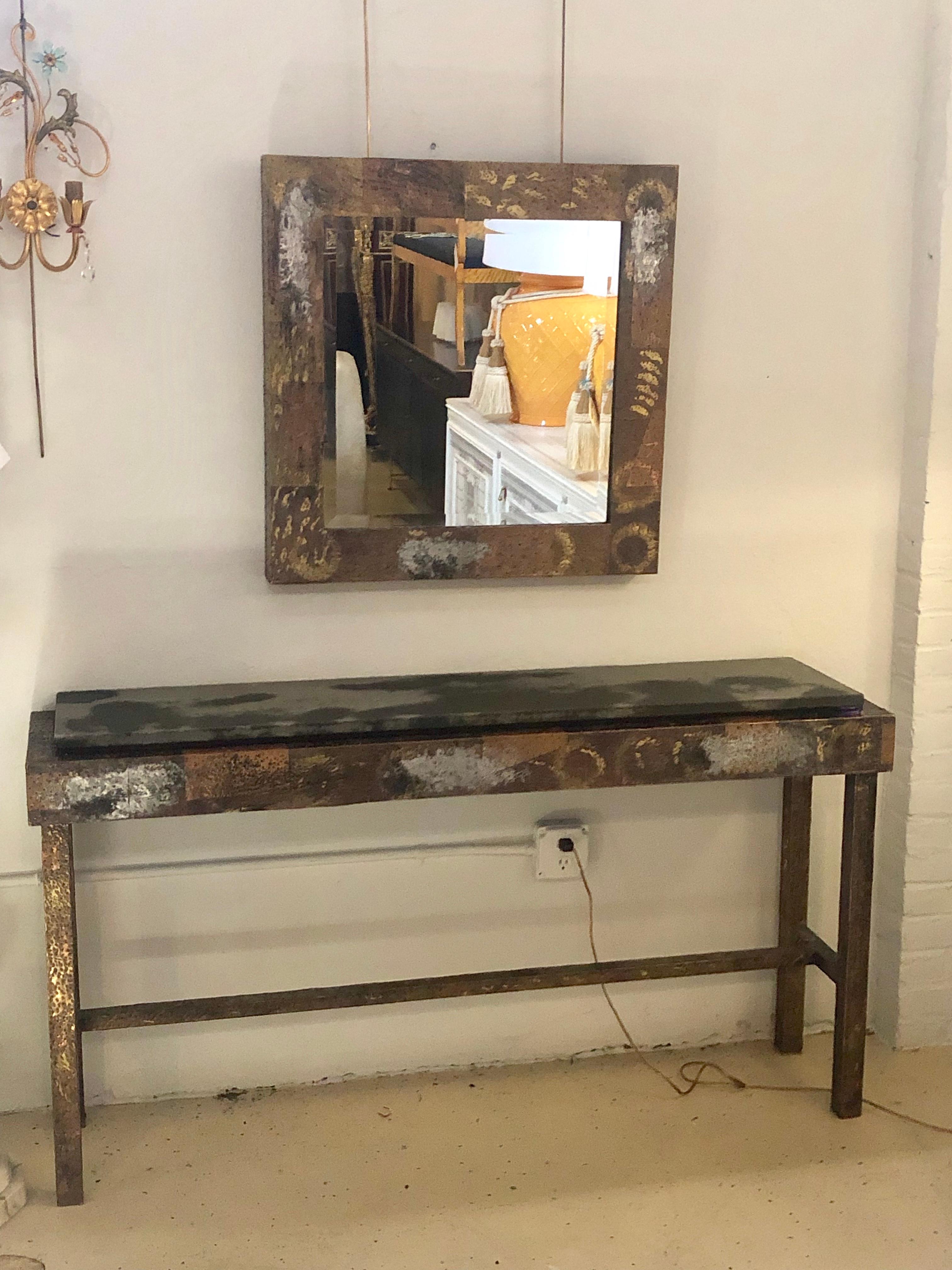 Mid-Century Modern Paul Evans Style Patchwork Pair of Console Sofa Tables with Matching Mirrors