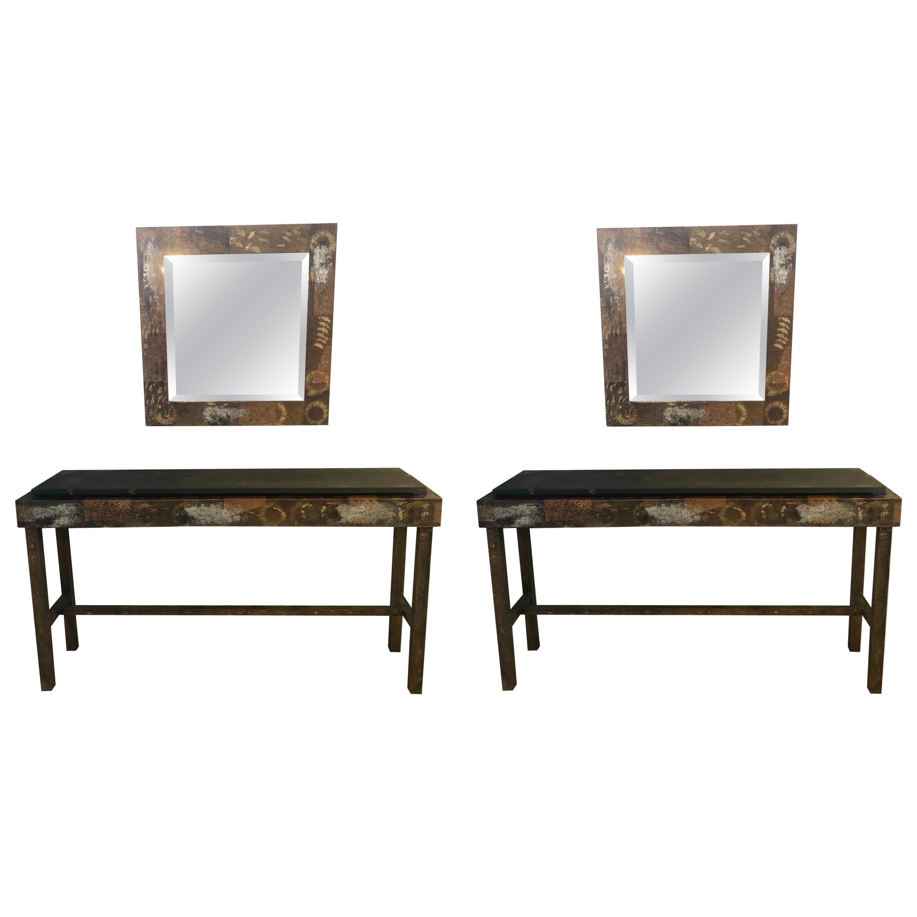 Paul Evans Style Patchwork Pair of Console Sofa Tables with Matching Mirrors