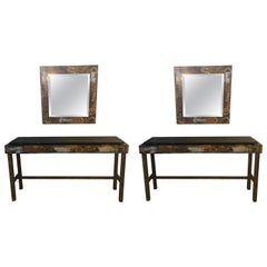 Paul Evans Style Patchwork Pair of Console Sofa Tables with Matching Mirrors