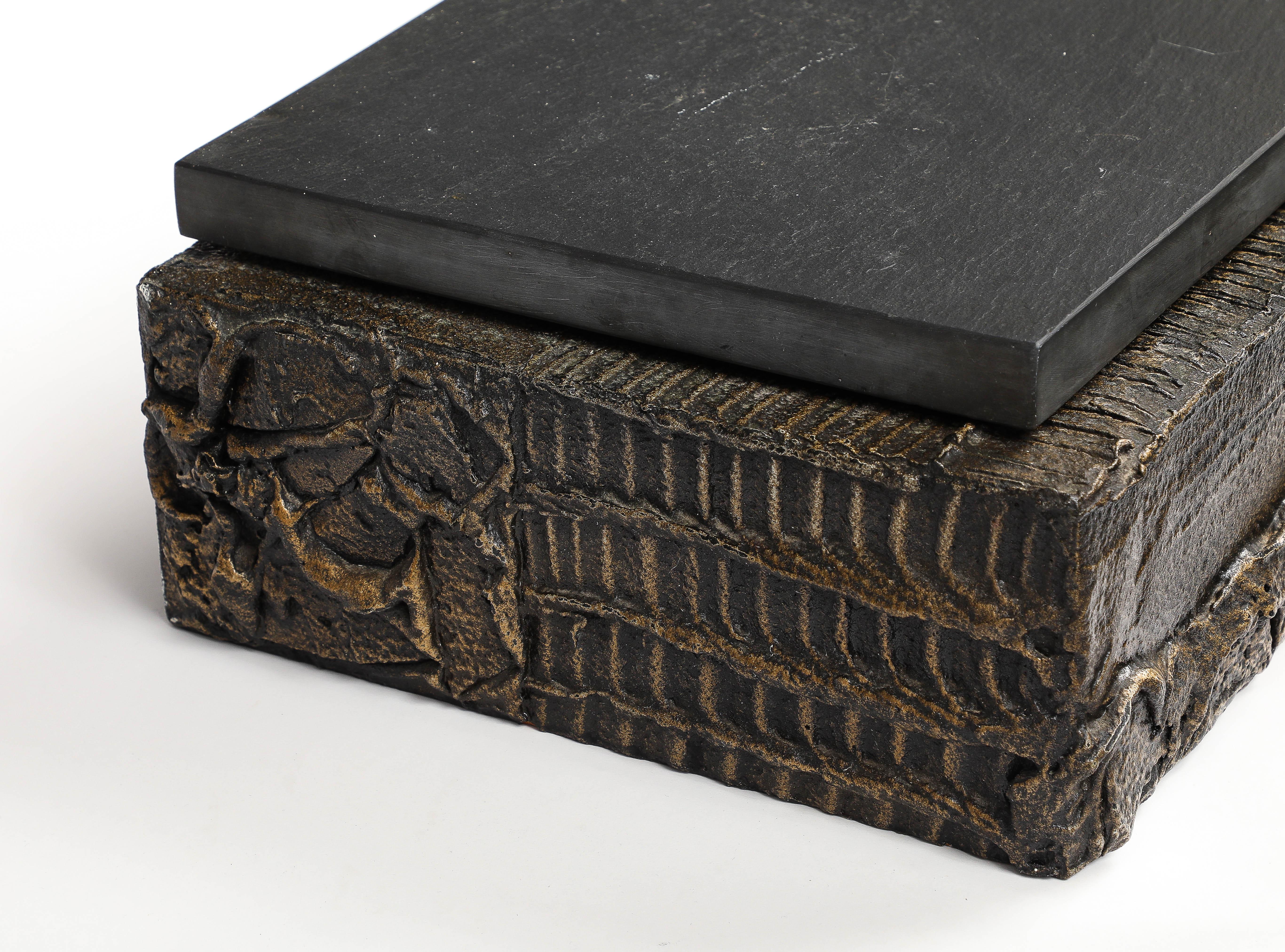 Paul Evans Wall-Hanging Console, Sculpted Bronze, Slate, Signed For Sale 4