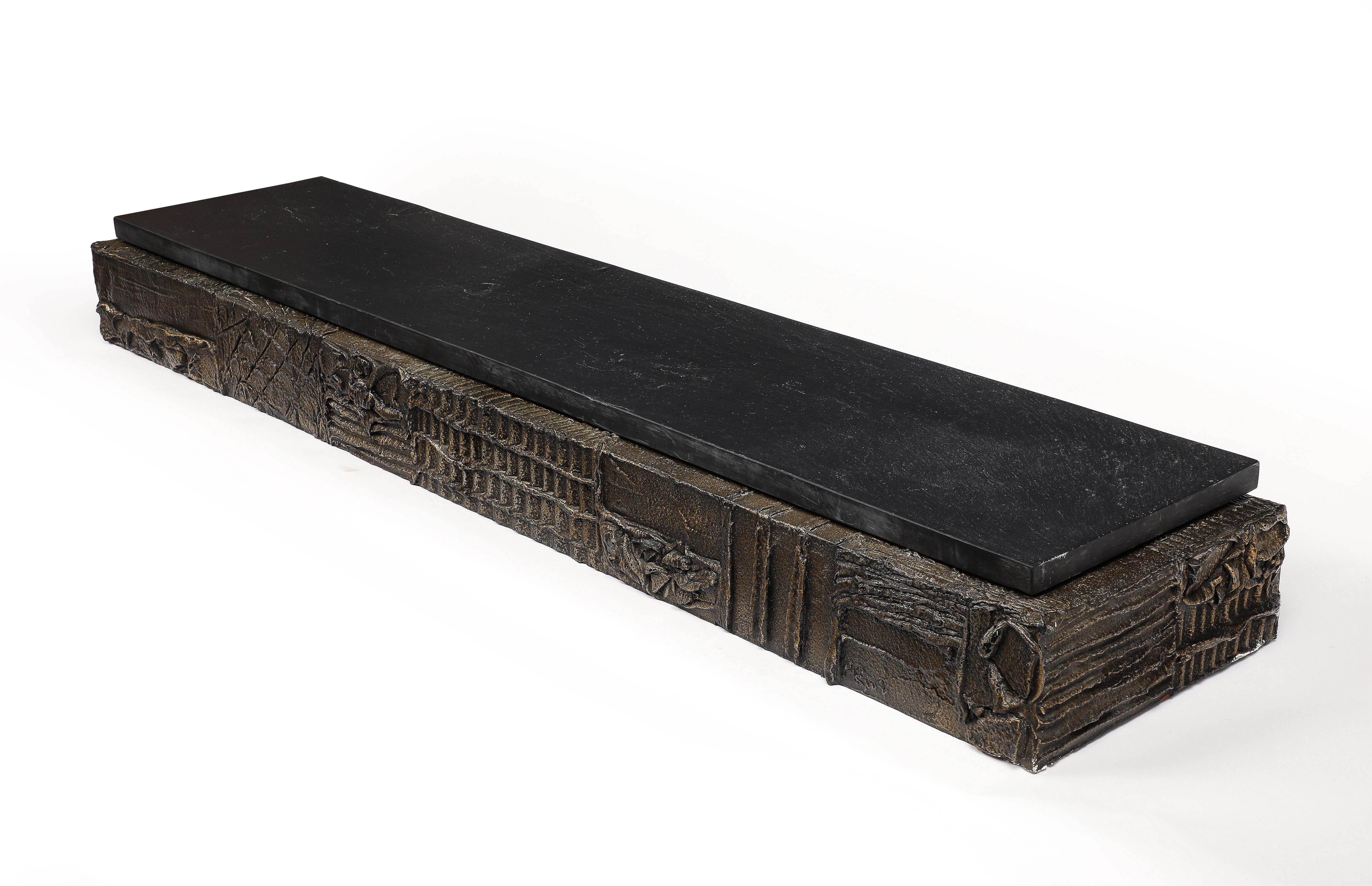 Paul Evans Wall-Hanging Console, Sculpted Bronze, Slate, Signed For Sale 5
