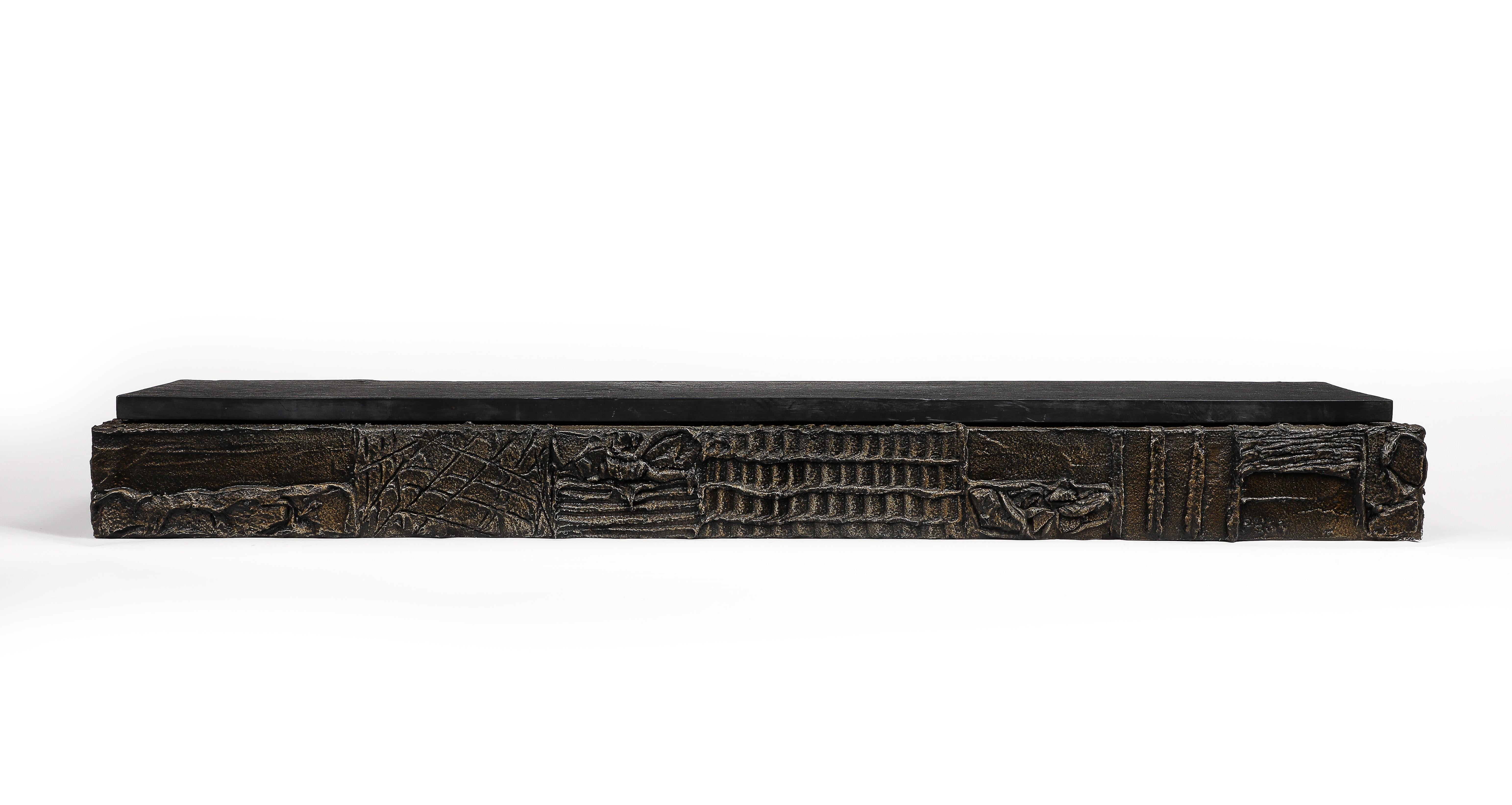 American Paul Evans Wall-Hanging Console, Sculpted Bronze, Slate, Signed For Sale