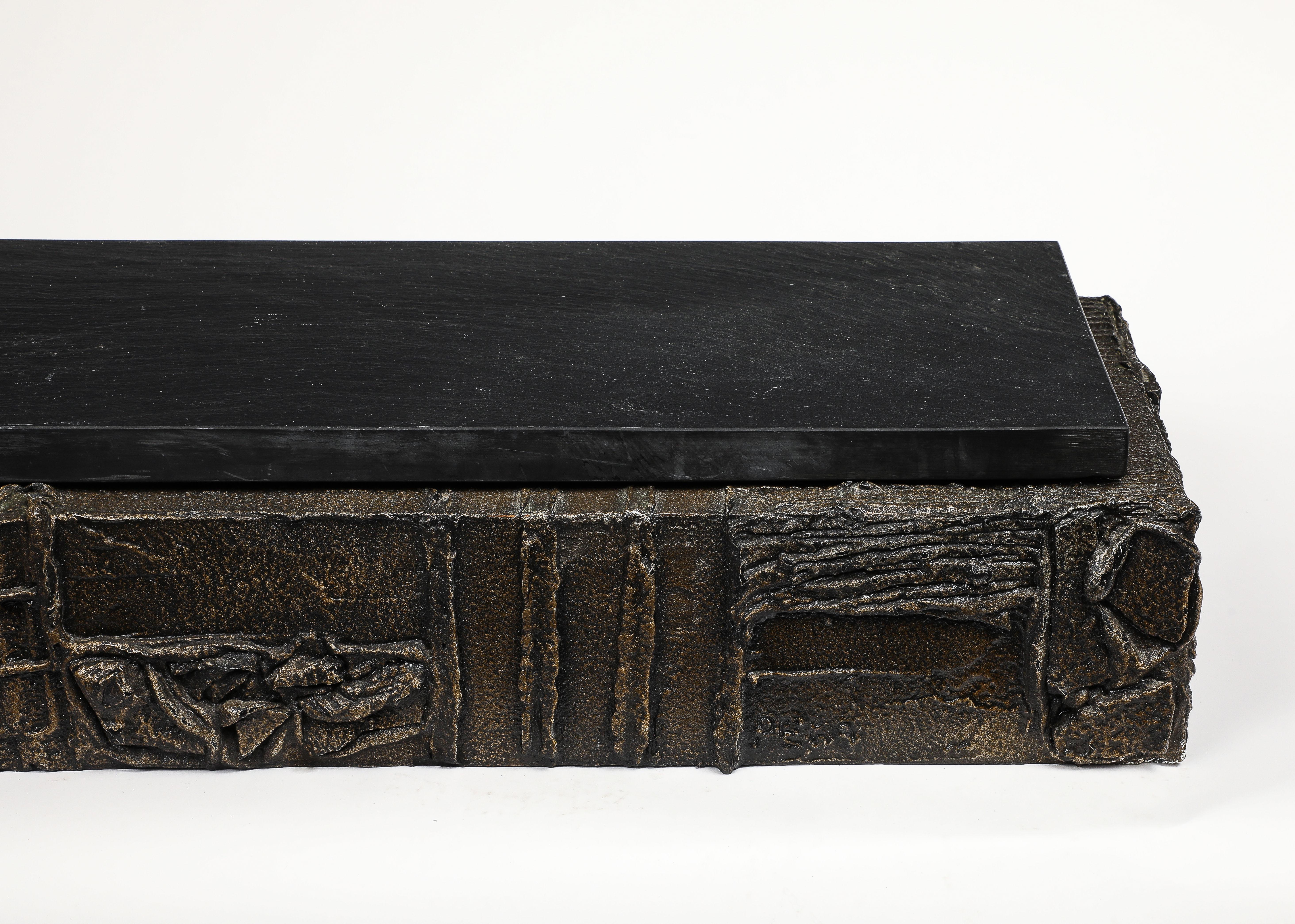 Hand-Crafted Paul Evans Wall-Hanging Console, Sculpted Bronze, Slate, Signed For Sale