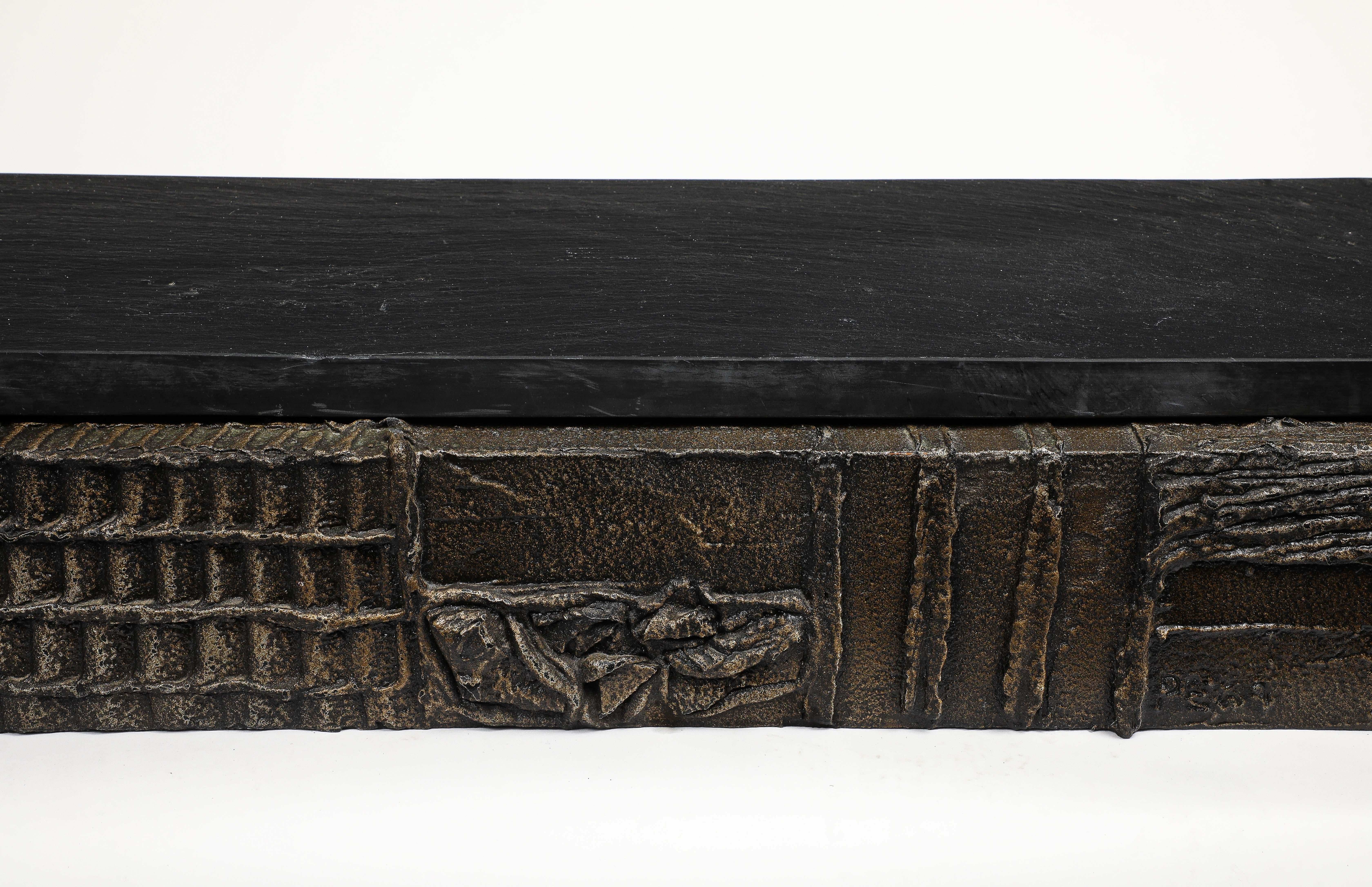 Paul Evans Wall-Hanging Console, Sculpted Bronze, Slate, Signed In Good Condition For Sale In New York, NY