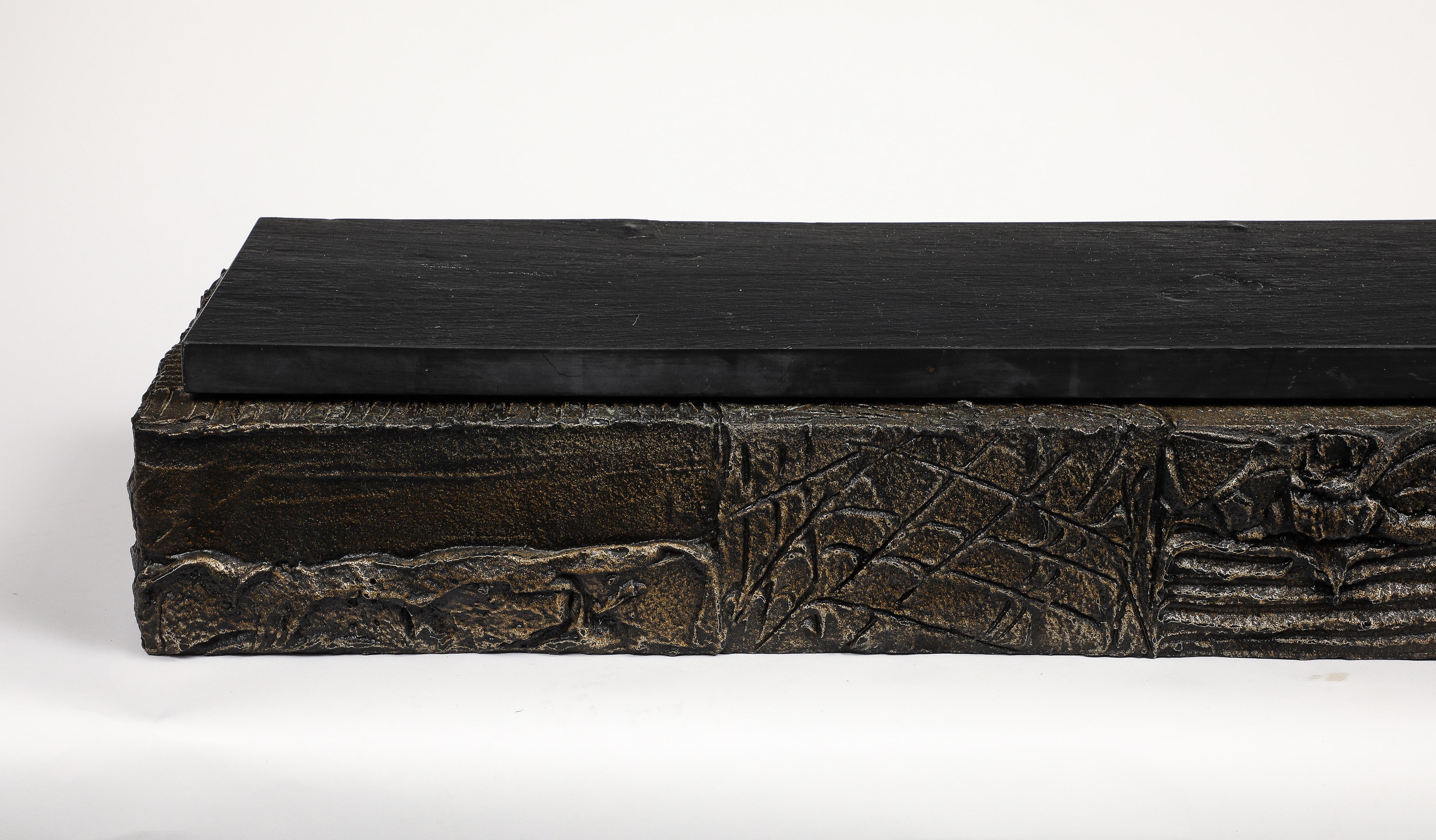 Wood Paul Evans Wall-Hanging Console, Sculpted Bronze, Slate, Signed For Sale