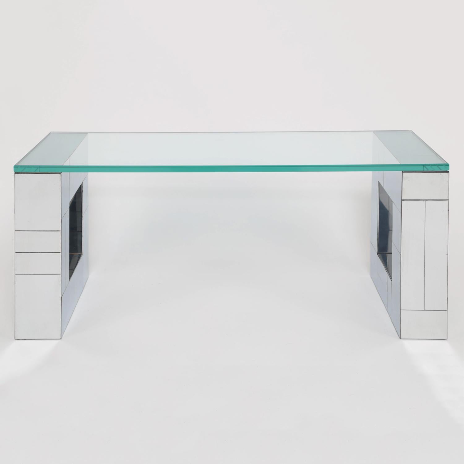 Wall-mounted console table, supporting brackets in tessellated chrome with glass top, by Paul Evans, Cityscape Series, for Directional Furniture, American 1970s (signed “Paul Evans”).