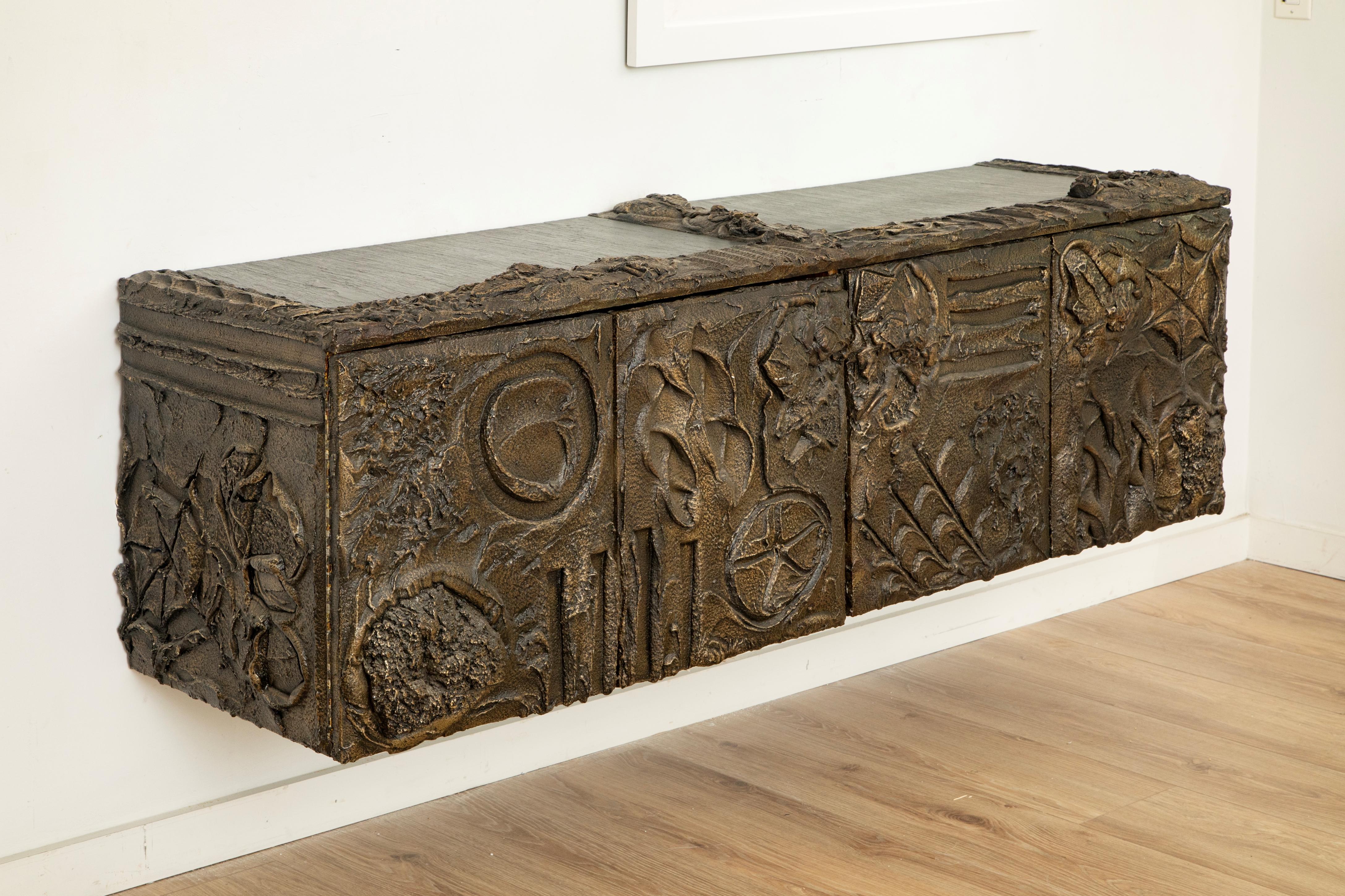 American Paul Evans Wall Mounted Sculpted Bronze Brutalist Sideboard, USA, 1969 For Sale