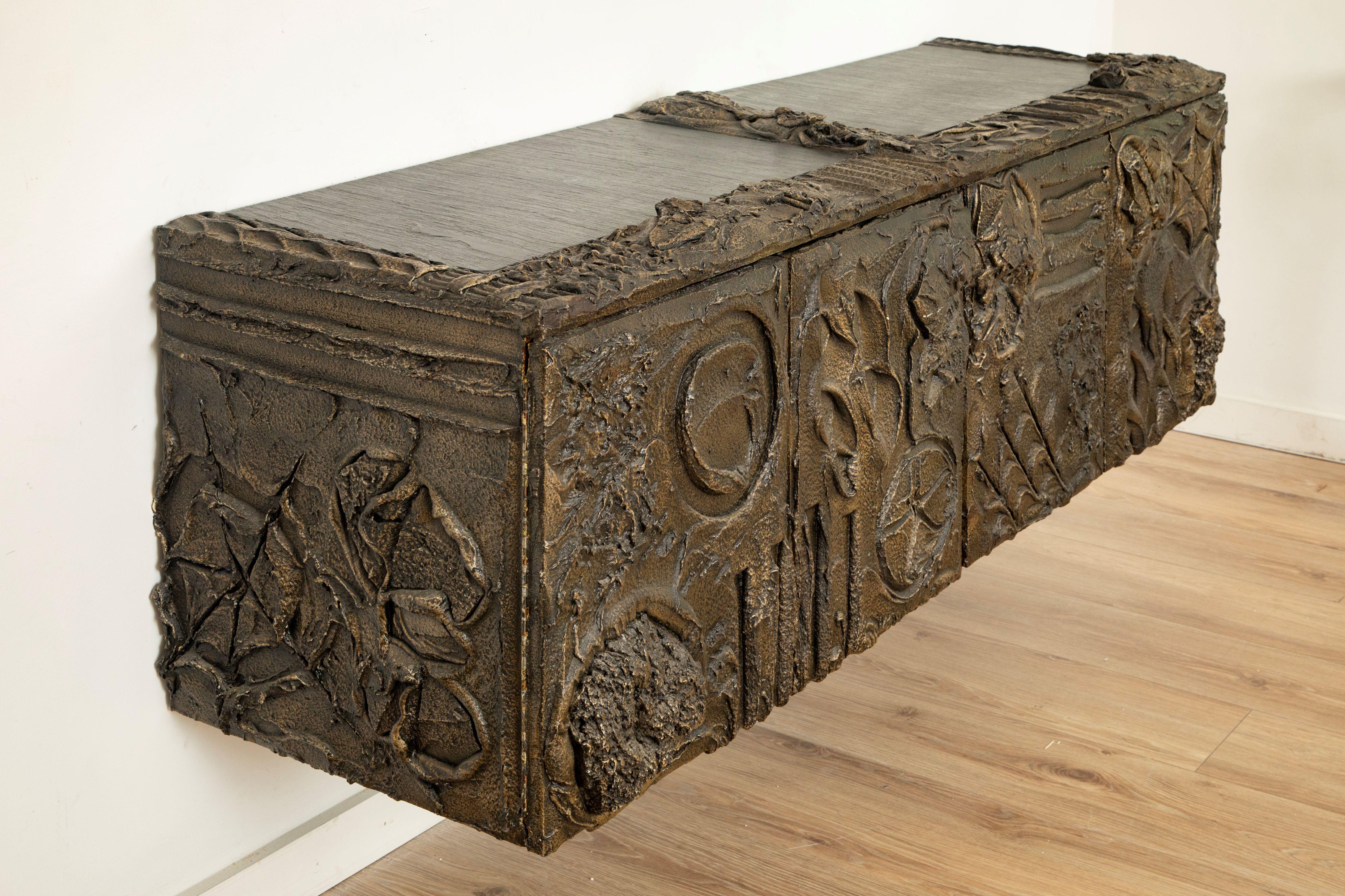 Appliqué Paul Evans Wall Mounted Sculpted Bronze Brutalist Sideboard, USA, 1969 For Sale