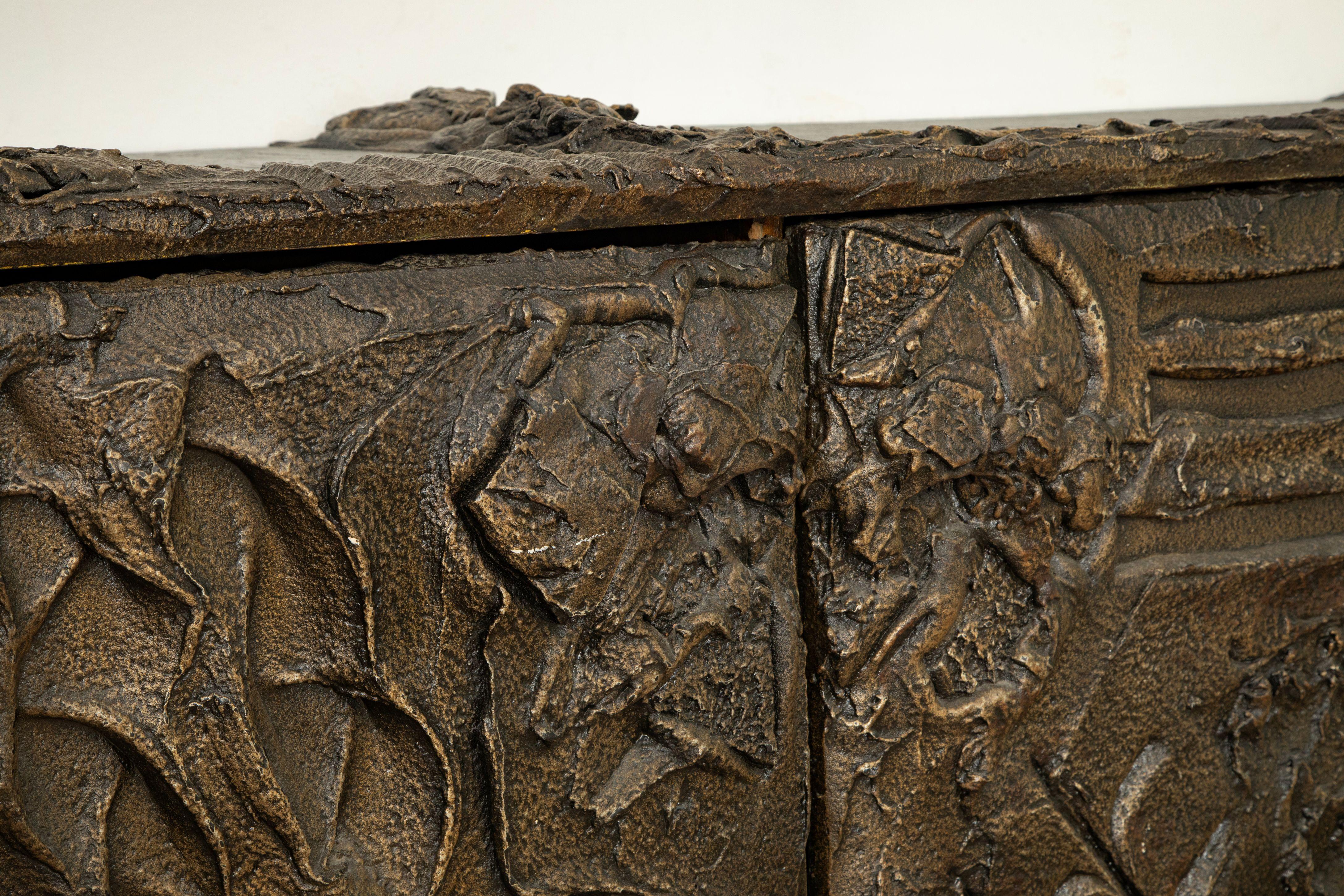 Paul Evans Wall Mounted Sculpted Bronze Brutalist Sideboard, USA, 1969 For Sale 1