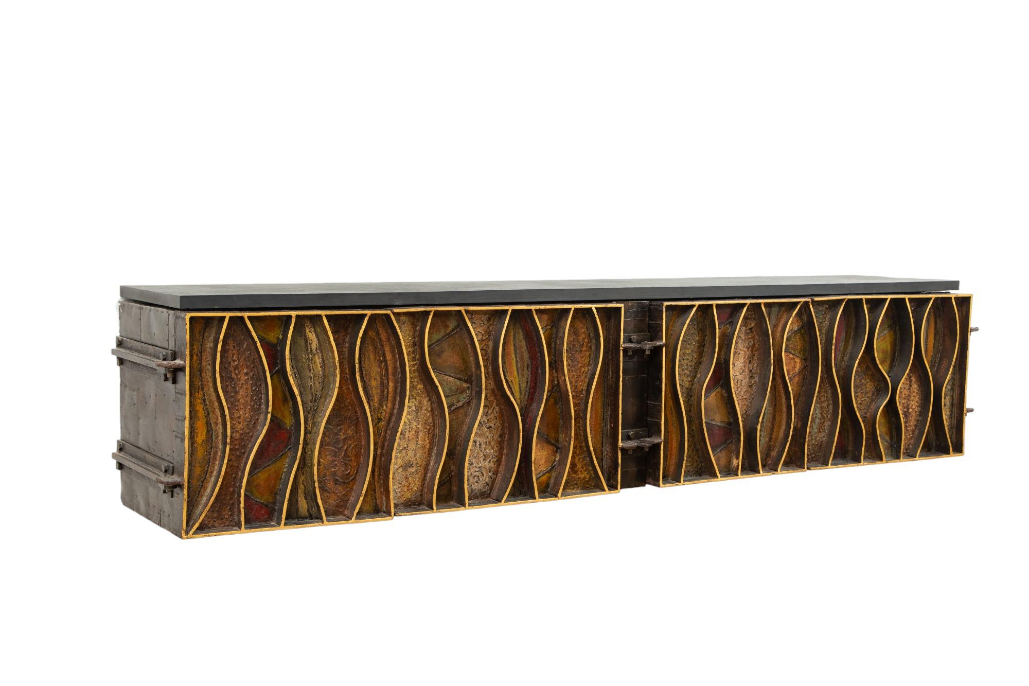 Brutalist Paul Evans Wavy Front Wall Mounted Cabinet, 1973 For Sale