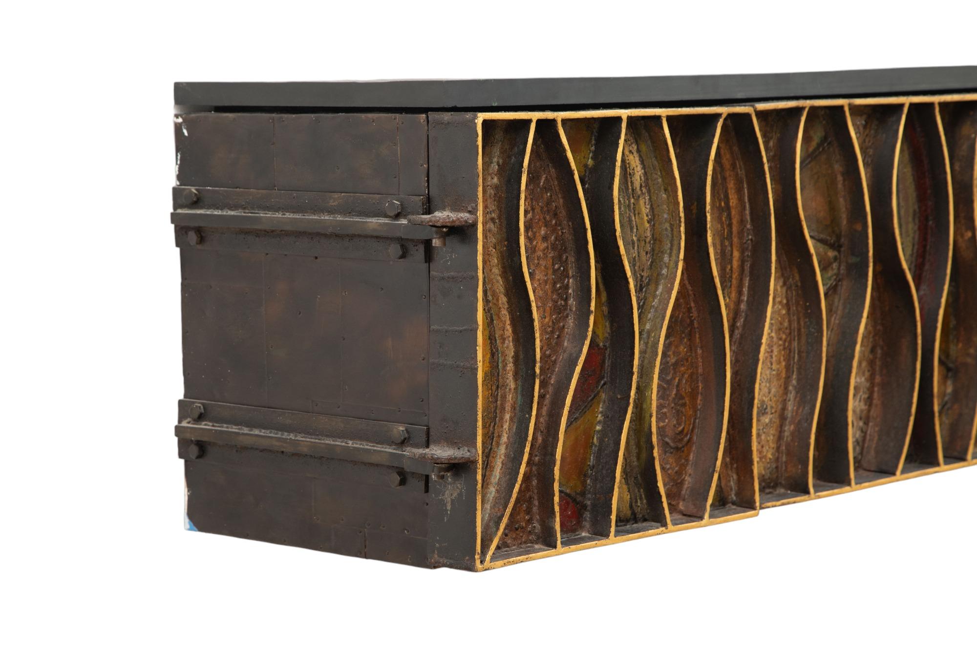 Patinated Paul Evans Wavy Front Wall Mounted Cabinet, 1973 For Sale