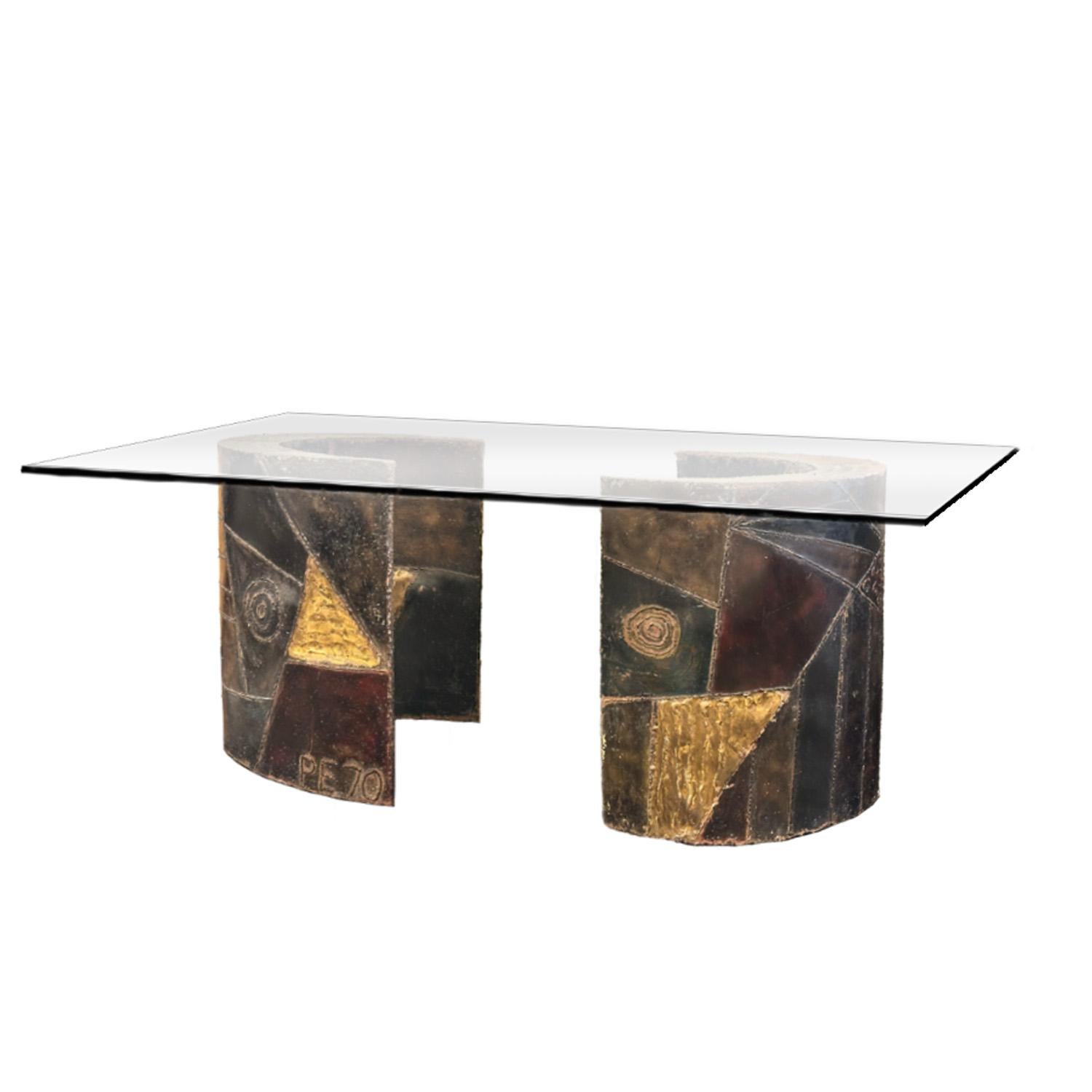Pair of brutalist welded steel crescent shaped table bases decorated with colored enamel paint and gilt accents by Paul Evans for Directional Furniture. Bases support a thick glass table top and one is signed PE70  on the botton outside. American,