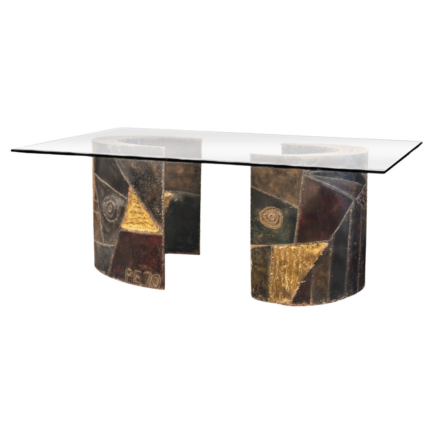 Paul Evans Welded Steel & Glass Crescent Base Dining Table 1970 (Signed) For Sale