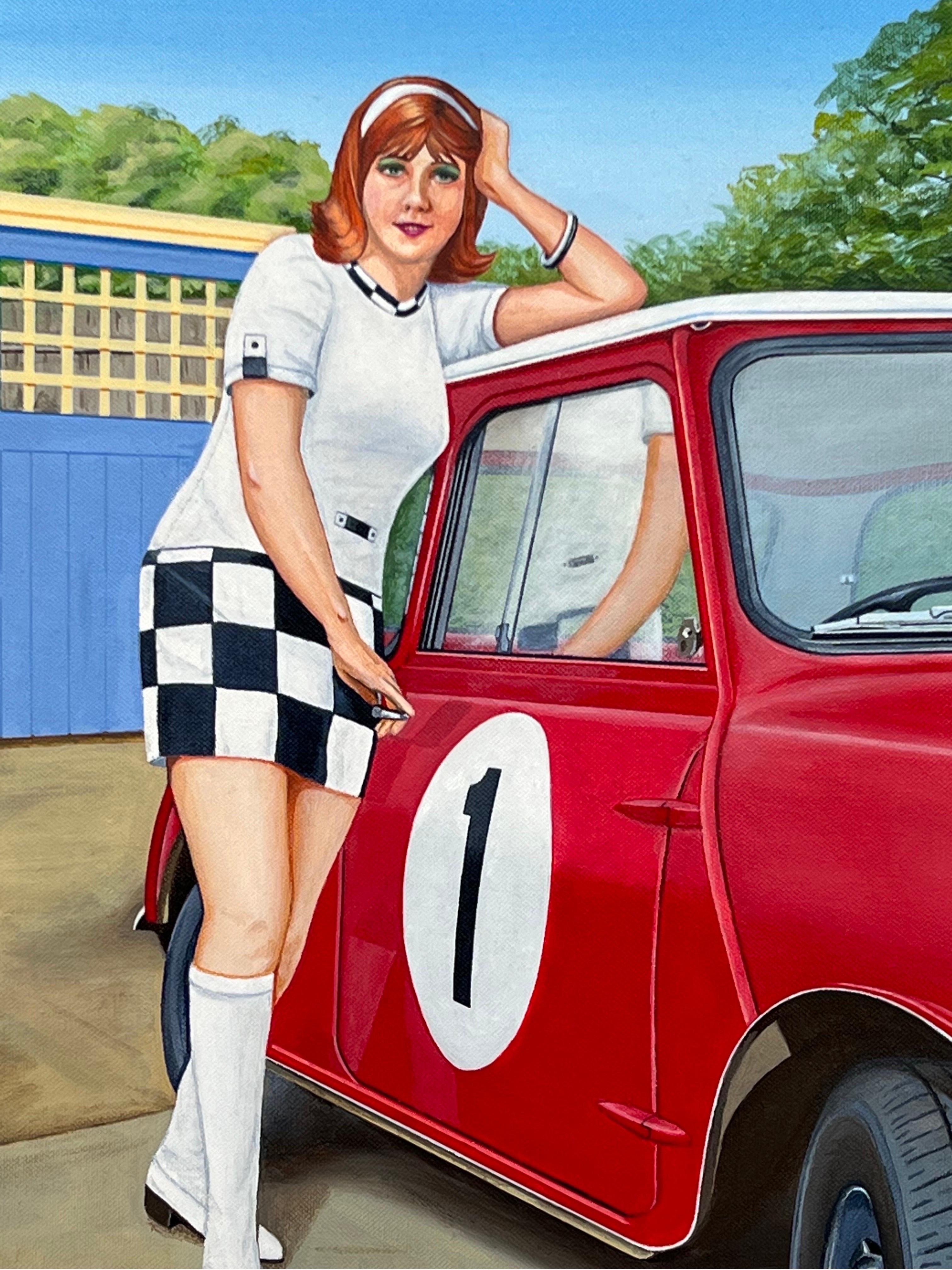 'A Racy Little Number’ a Woman with a Red Austin Mini Car in 1970's England For Sale 8