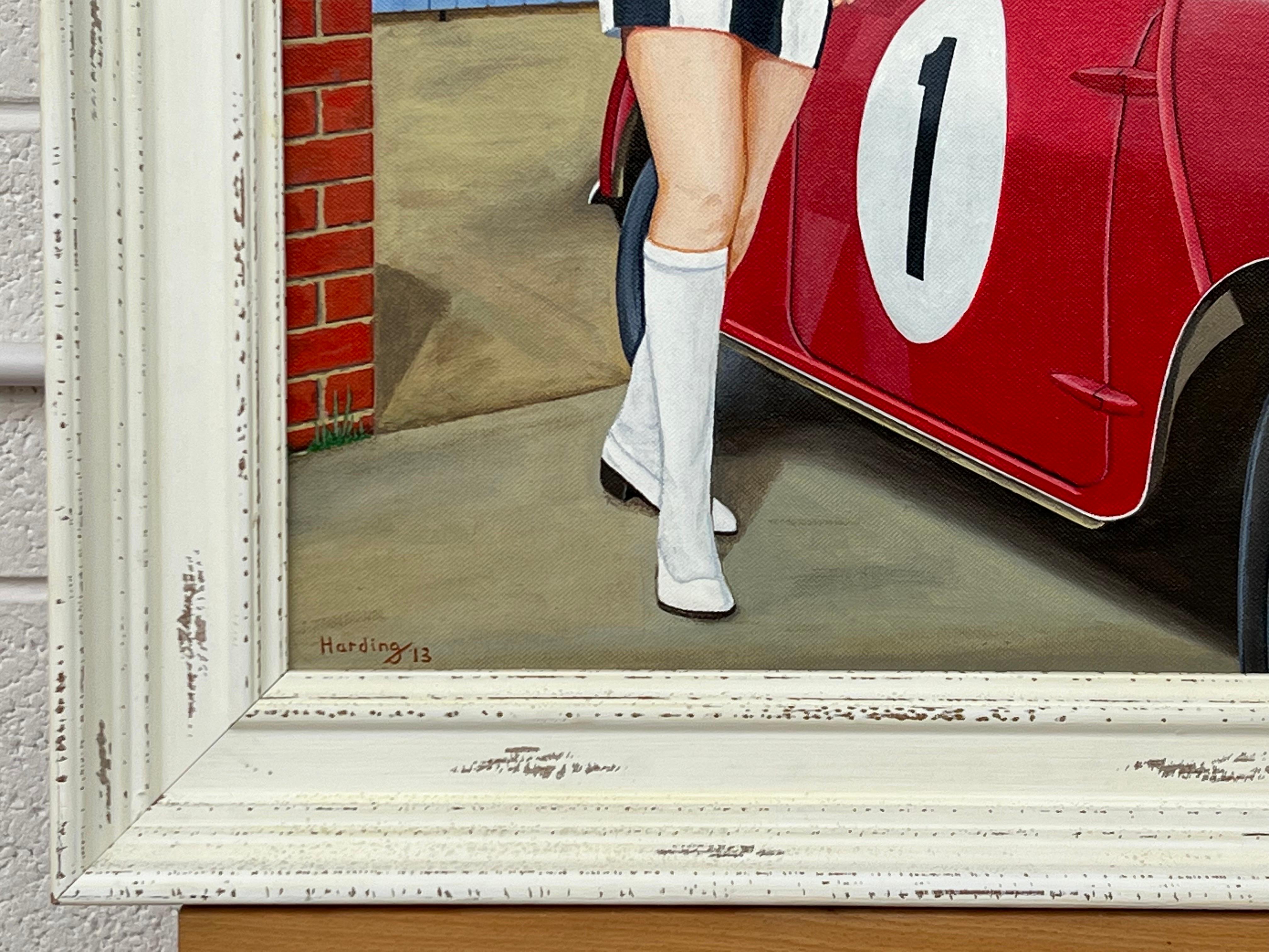 'A Racy Little Number’ a Woman with a Red Austin Mini Car in 1970's England - Painting by Paul F Harding