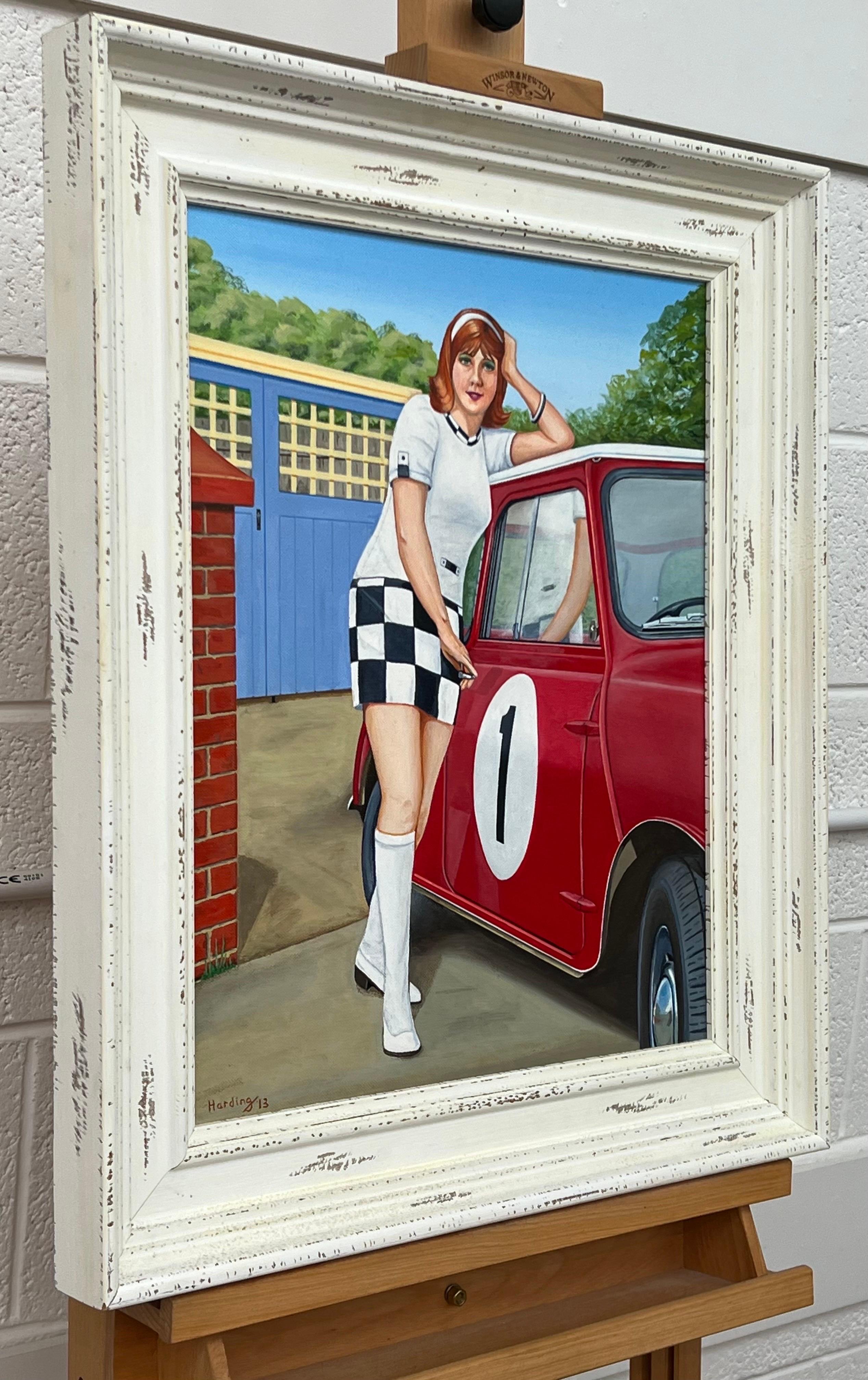 'A Racy Little Number’ a Woman with a Red Austin Mini Car in 1970's England - English School Painting by Paul F Harding