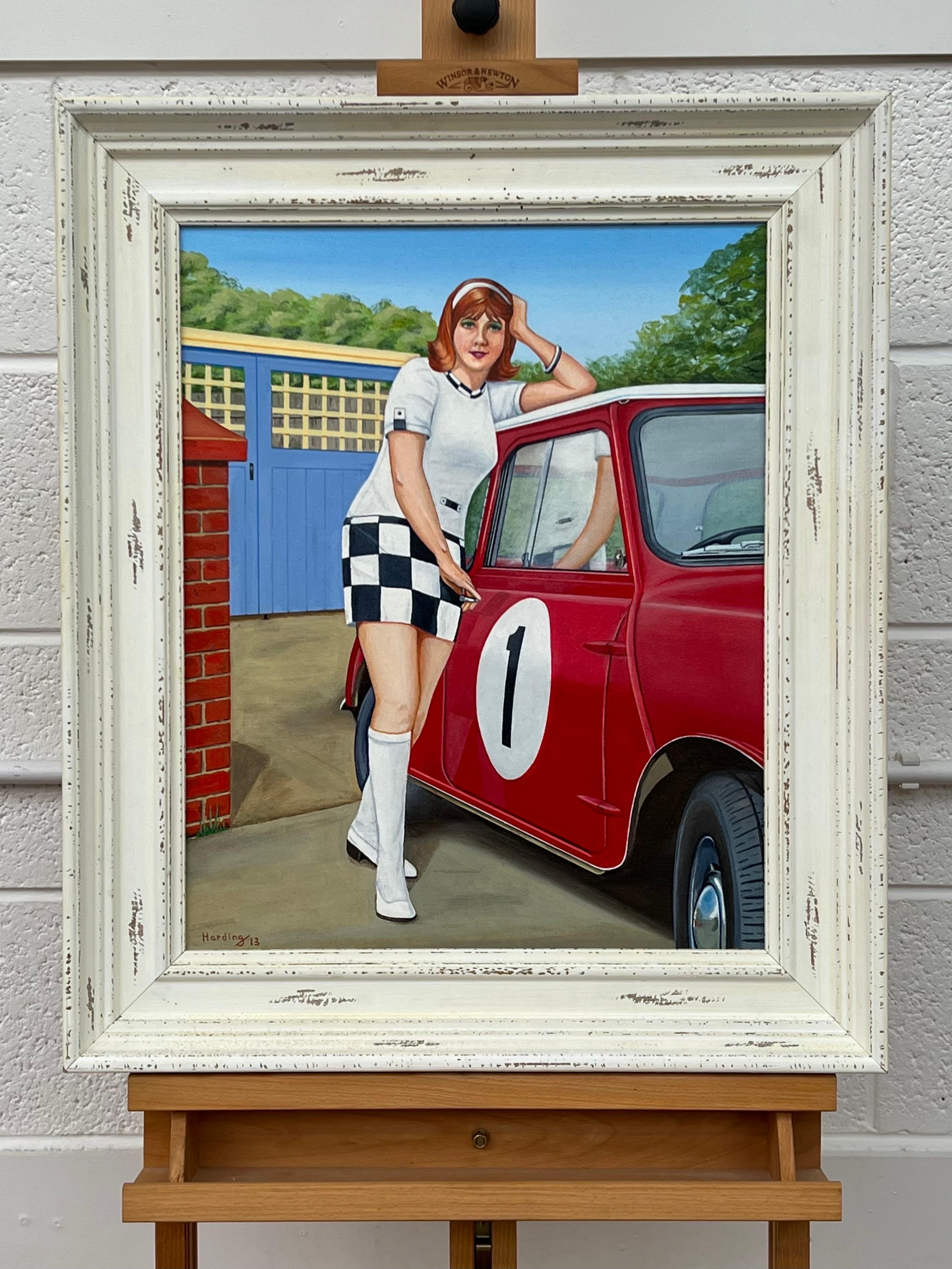 'A Racy Little Number’ a Woman with a Red Austin Mini Car in 1970's England, by Retro Nostalgic Artist, Paul F Harding. Signed, Original, Acrylic on Canvas. Presented in a high quality off-white shabby chic frame. 

Art measures 20 x 16 inches