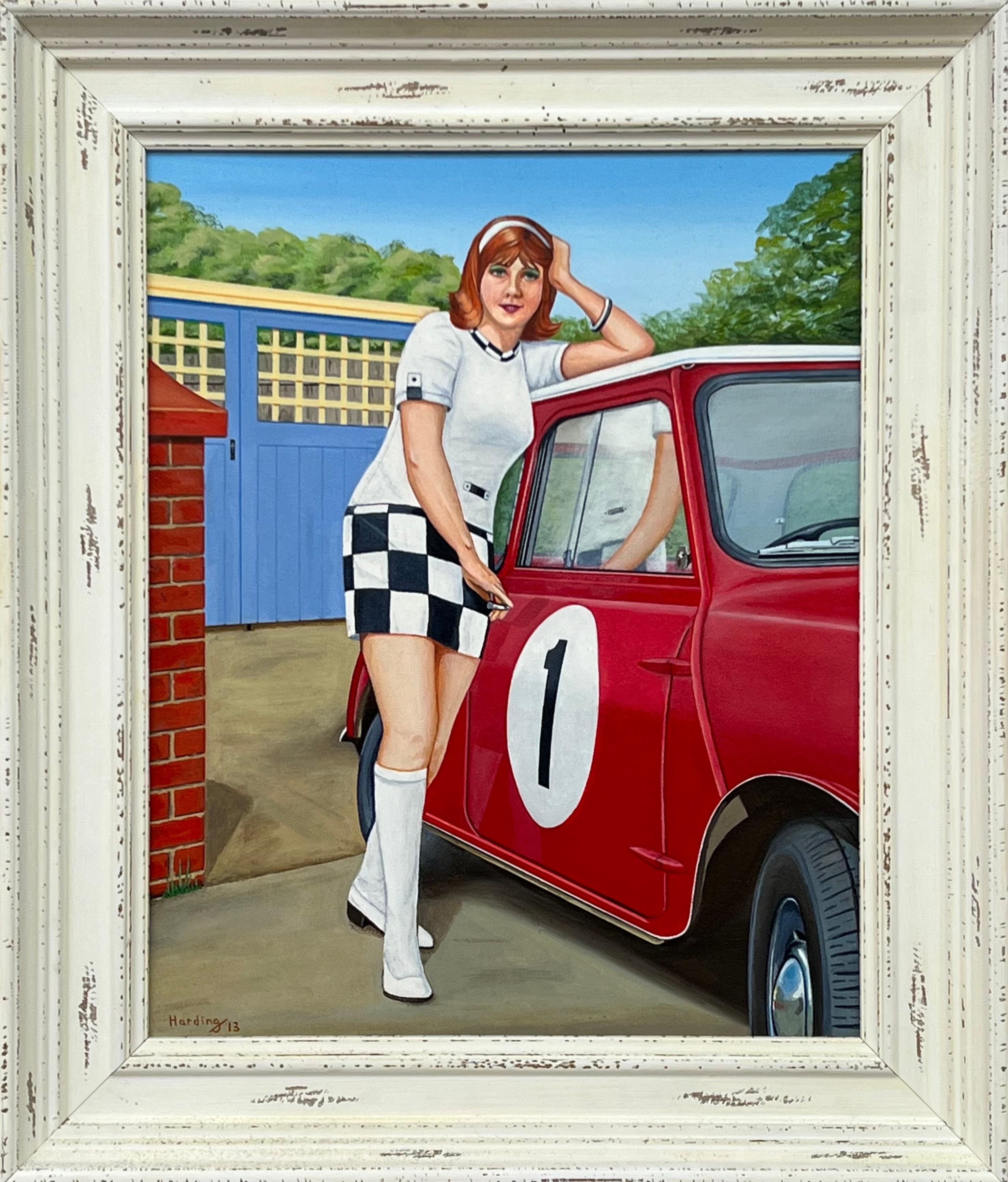 Paul F Harding Figurative Painting - 'A Racy Little Number’ a Woman with a Red Austin Mini Car in 1970's England