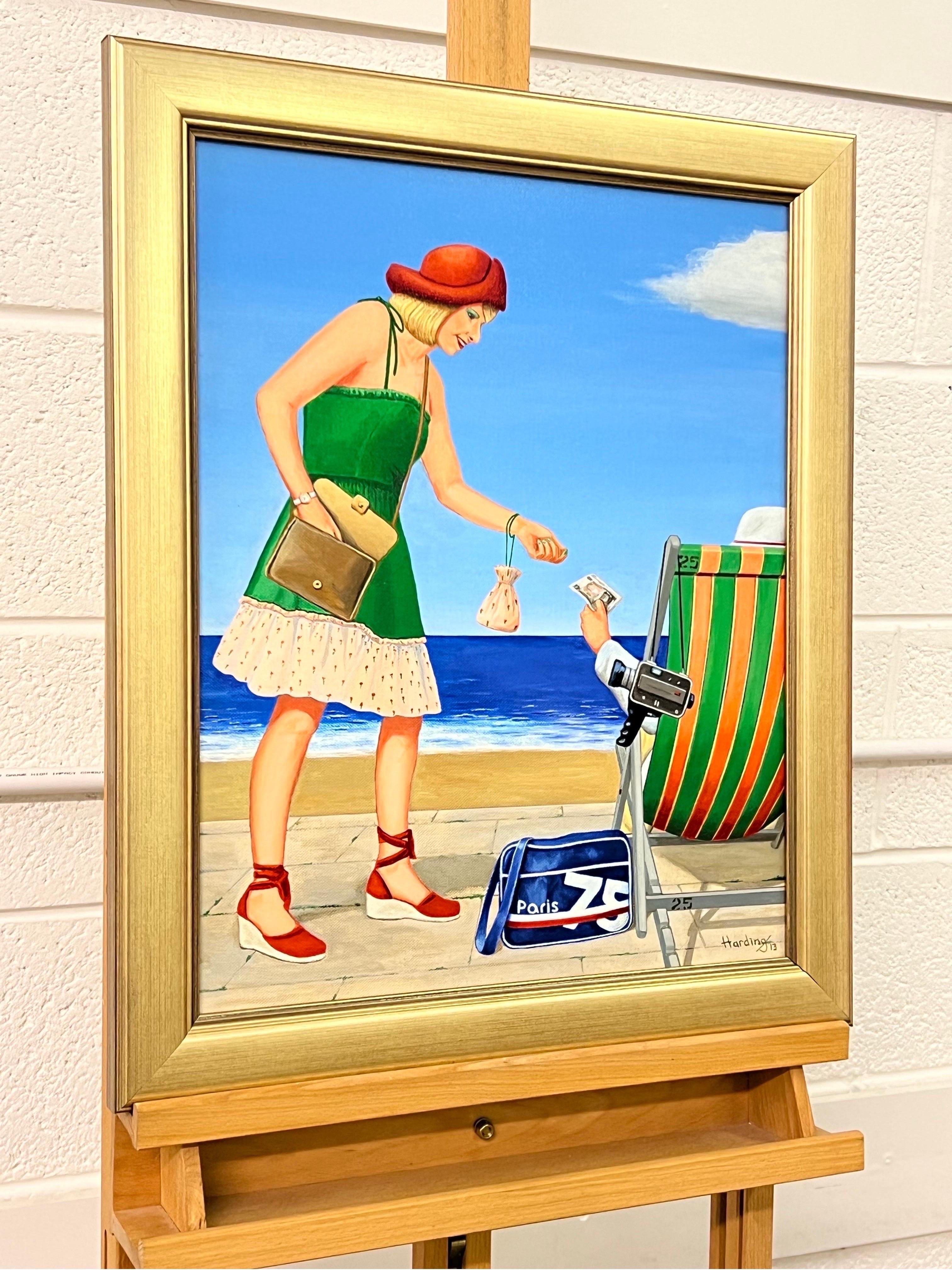 Vintage English Woman at a Seaside Beach Resort in Summer 1960's 1970's England - Painting by Paul F Harding