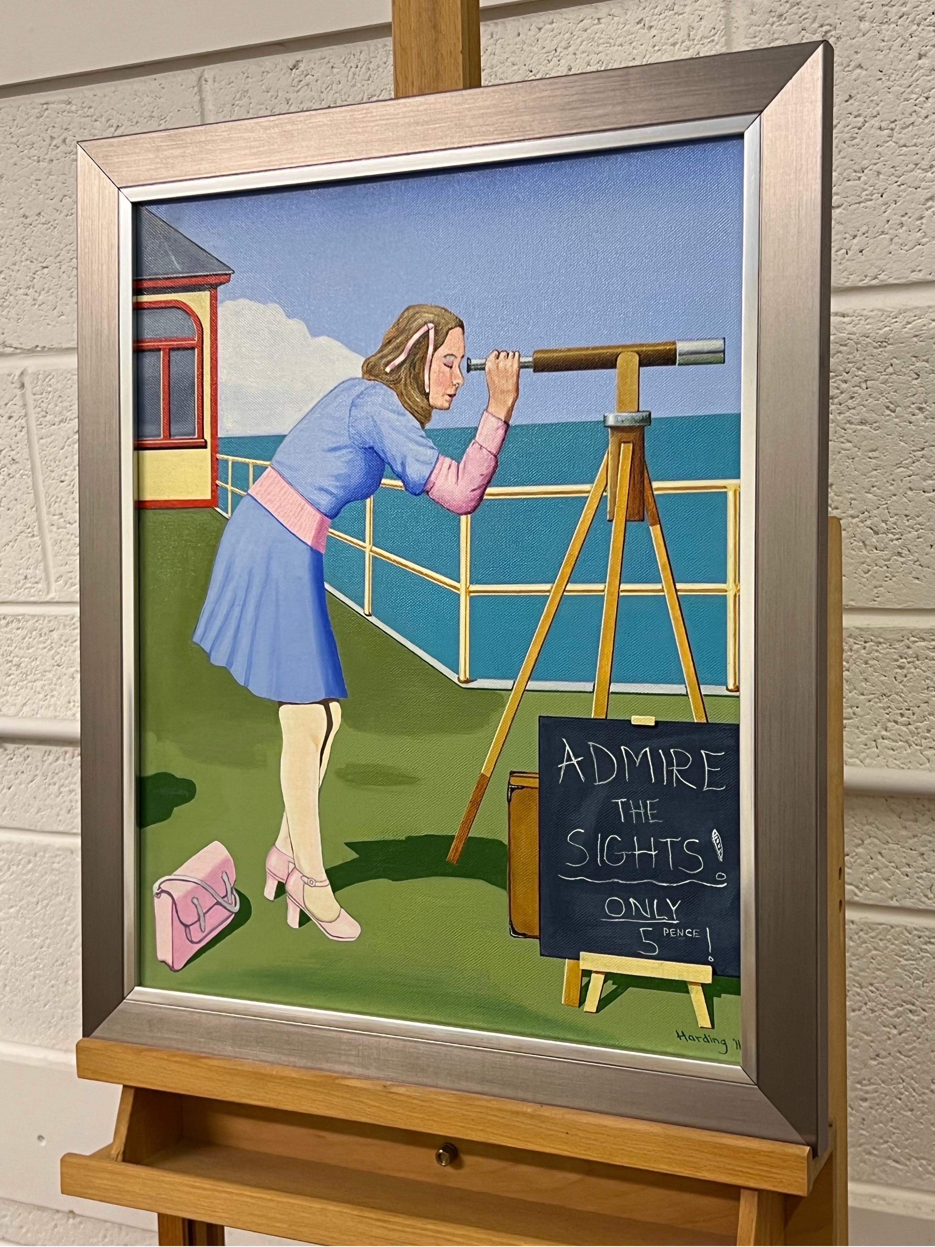 Vintage English Woman at a Seaside Beach Resort in Summer 1960's 1970's England entitled 'Seaside Delight’ by Retro Nostalgic Artist, Paul F Harding. Signed, Original, Oil on Canvas. Presented in a silver frame.

Art measures 16 x 20 inches
Frame