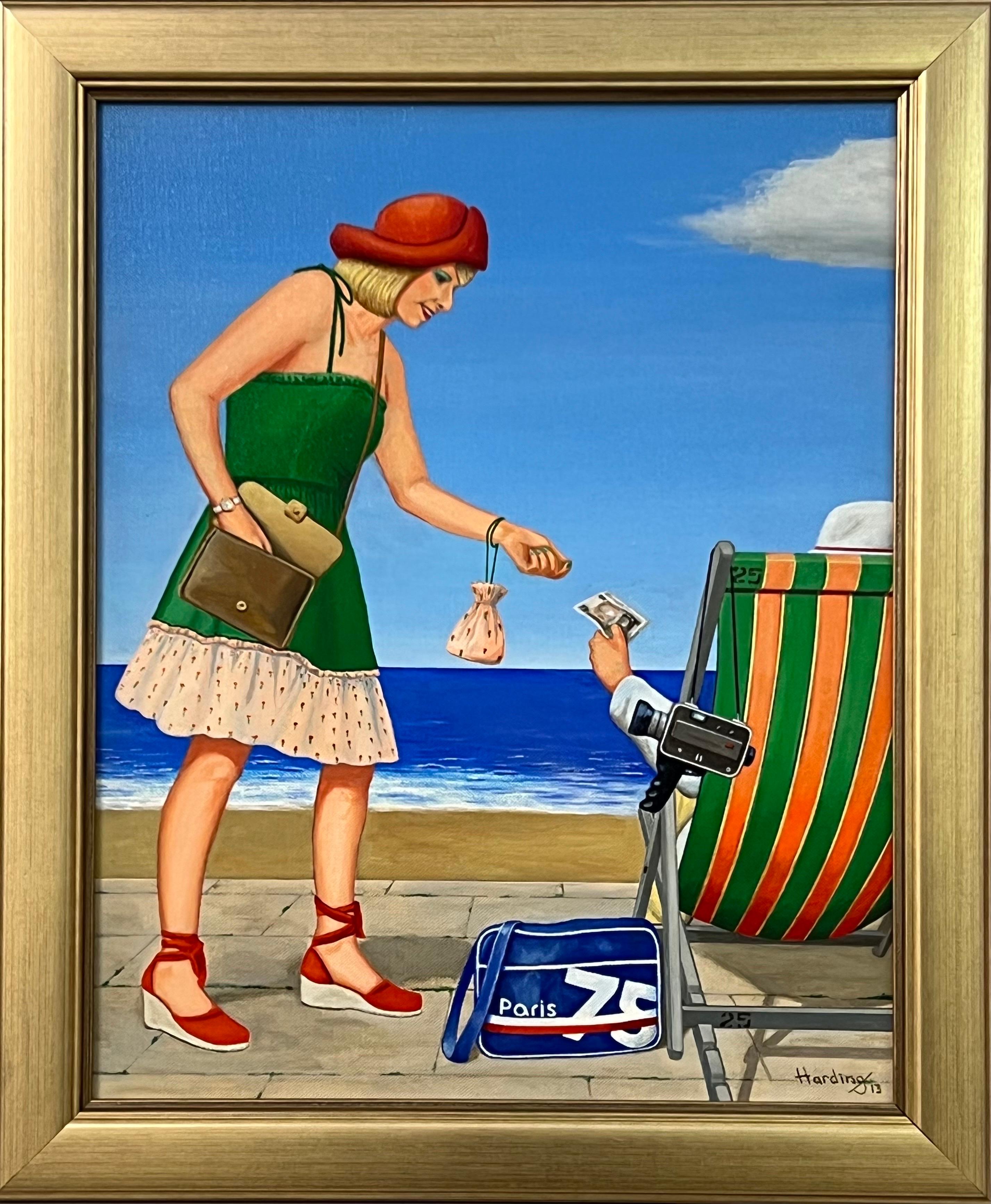 Paul F Harding Figurative Painting - Vintage English Woman at a Seaside Beach Resort in Summer 1960's 1970's England