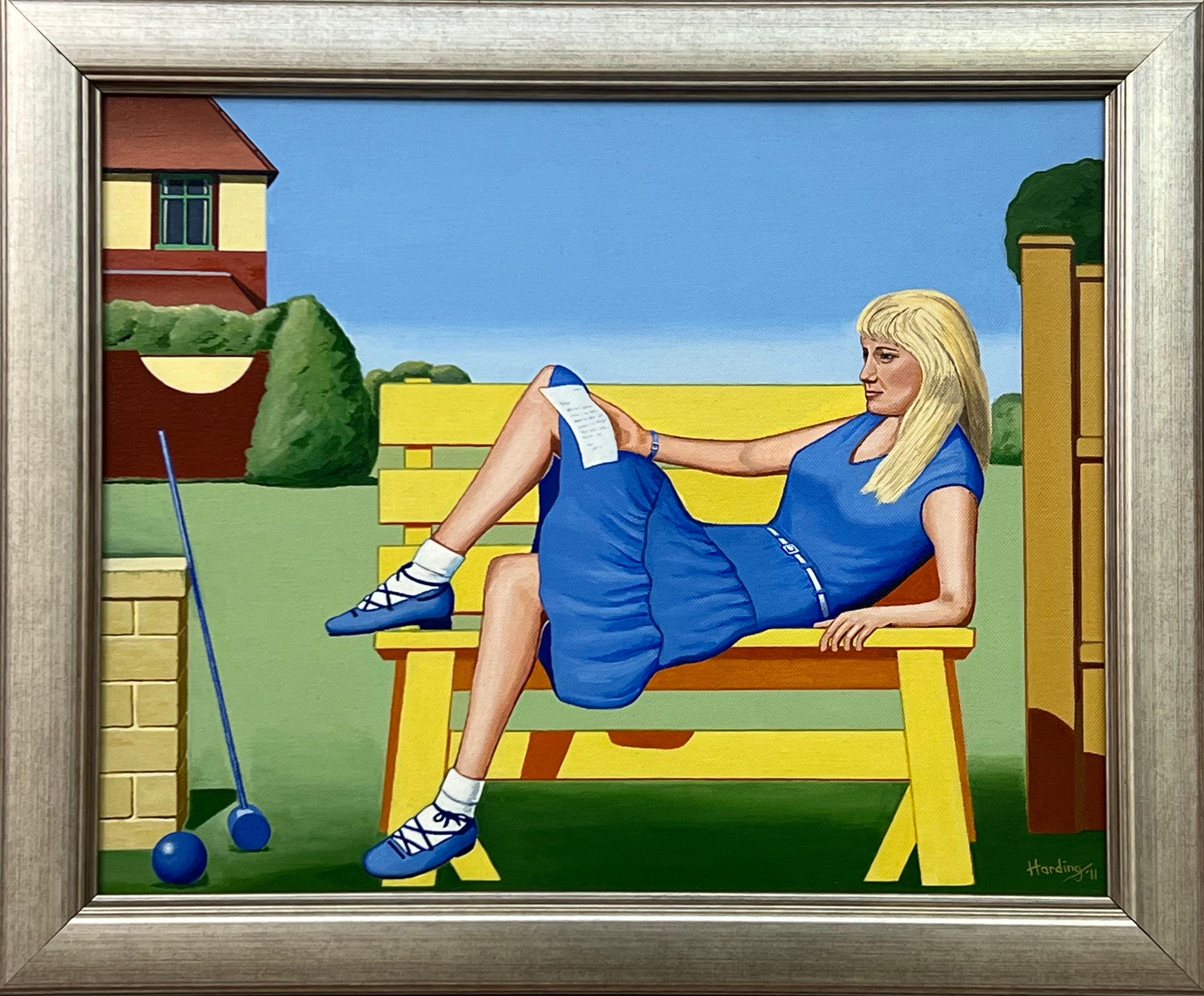 Paul F Harding Figurative Painting - Vintage English Woman in Dress on Park Bench in Suburbia 1960's 1970's England