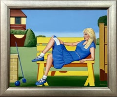 Retro English Woman in Dress on Park Bench in Suburbia 1960's 1970's England