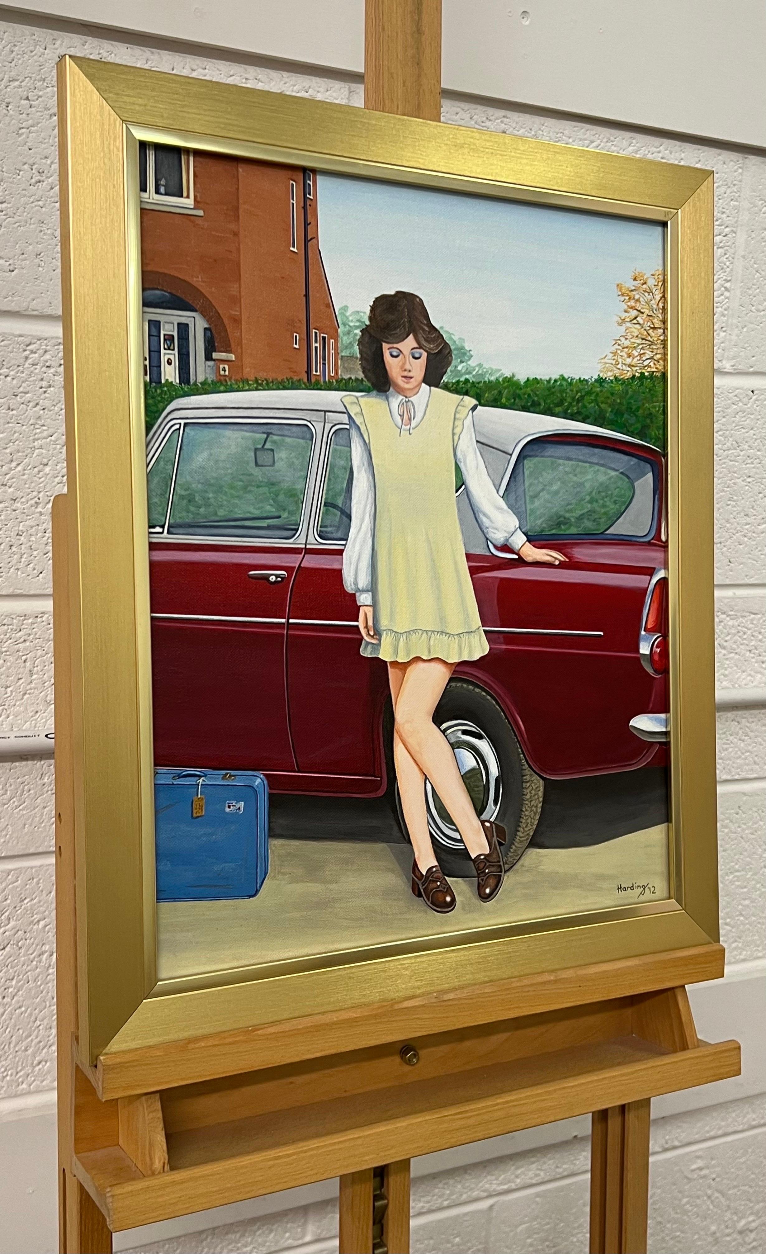 Vintage English Woman in Suburbia with Classic Ford Car 1960's 1970's England  - Painting by Paul F Harding