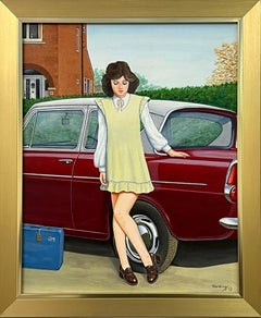 Retro English Woman in Suburbia with Classic Ford Car 1960's 1970's England 