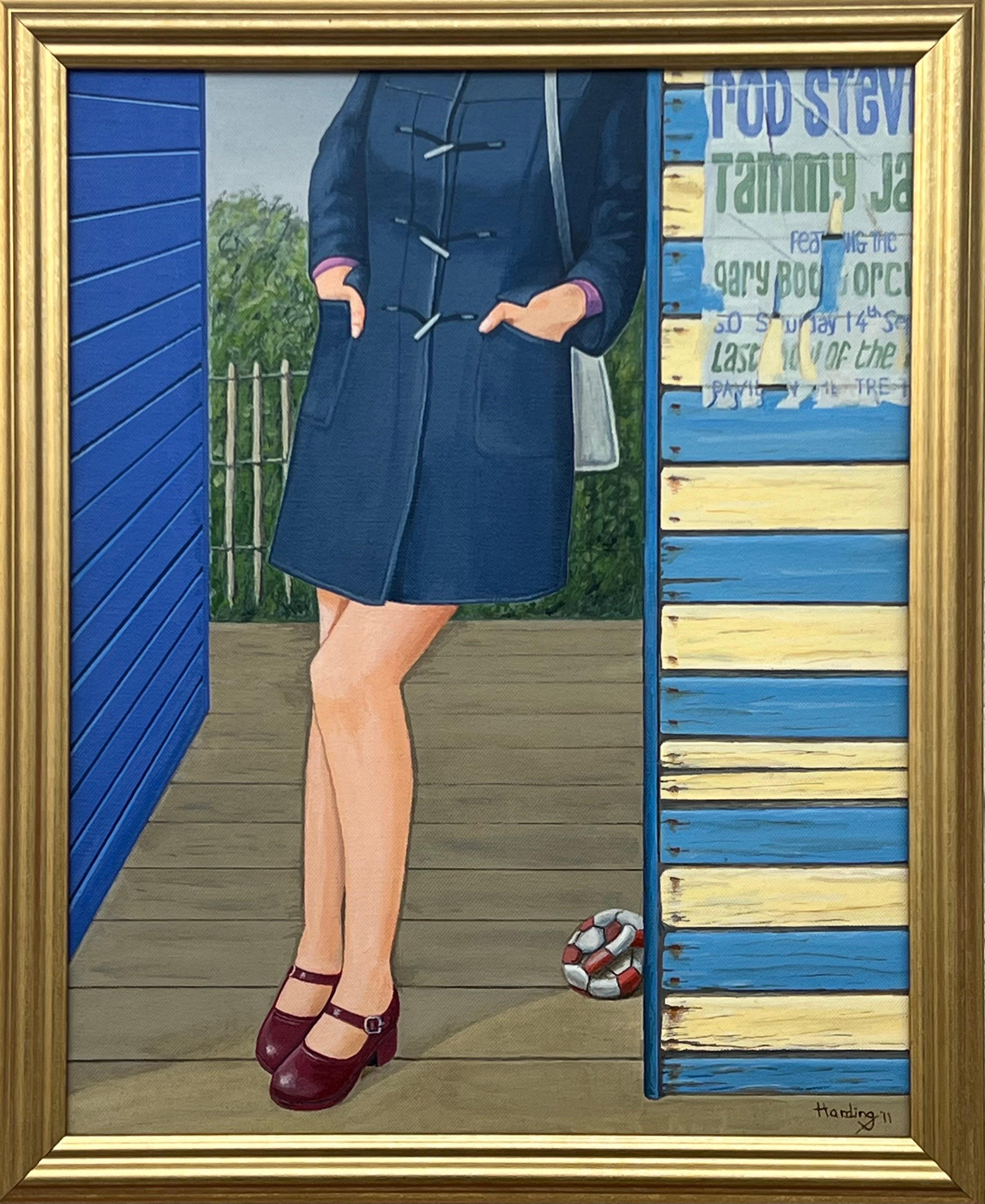 Portrait Painting Paul F Harding - Vintage English Woman with Duffel Coat & Mary Jane Shoes 1960's 1970's England