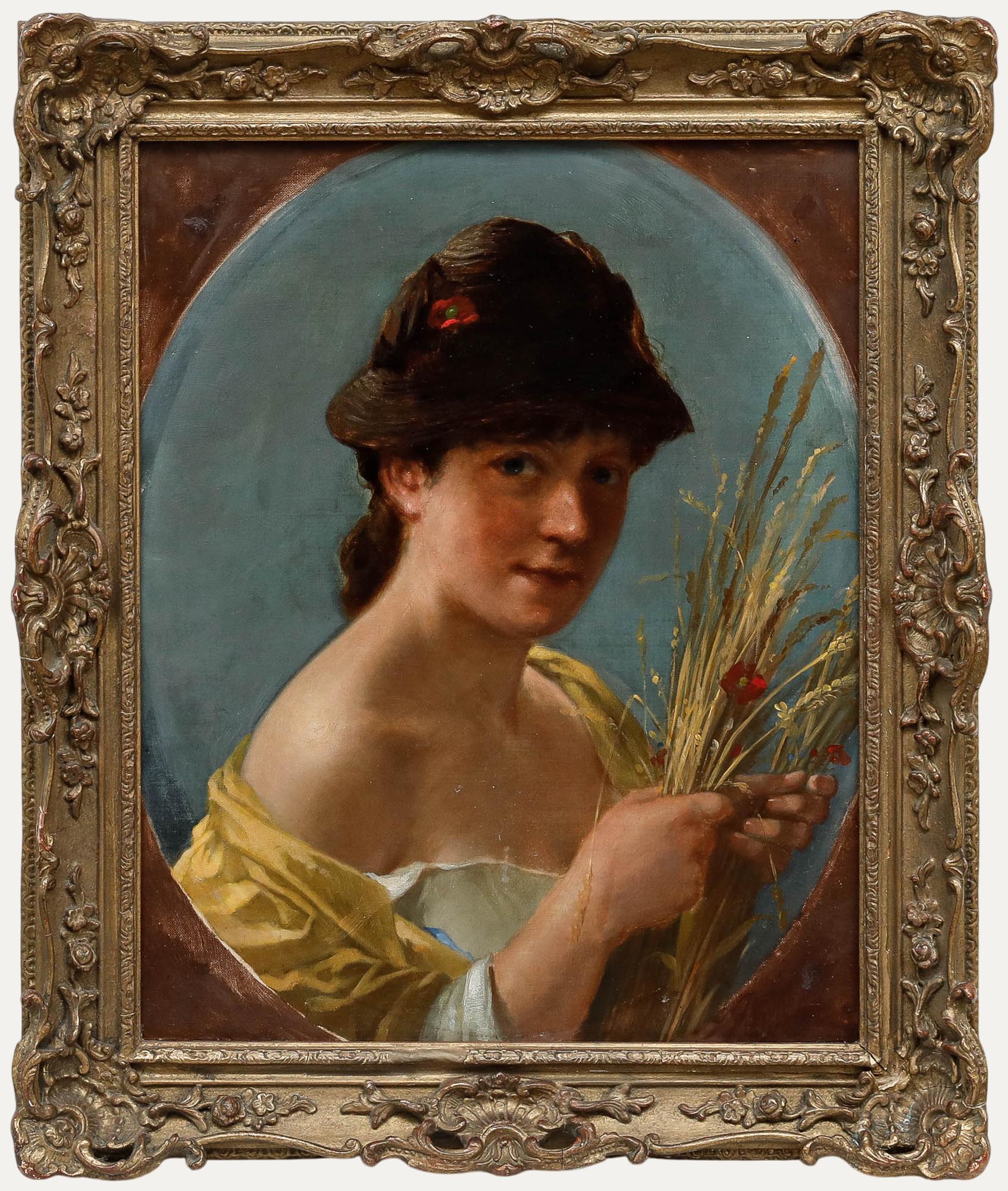 Escuela Británica, retrato de una cosechera en un óvalo pintado. Bien presentado en un elaborado marco de efecto dorado con ornamentación de conchas, flores y acantos. Sin firmar. En lienzo sobre bastidores. 
