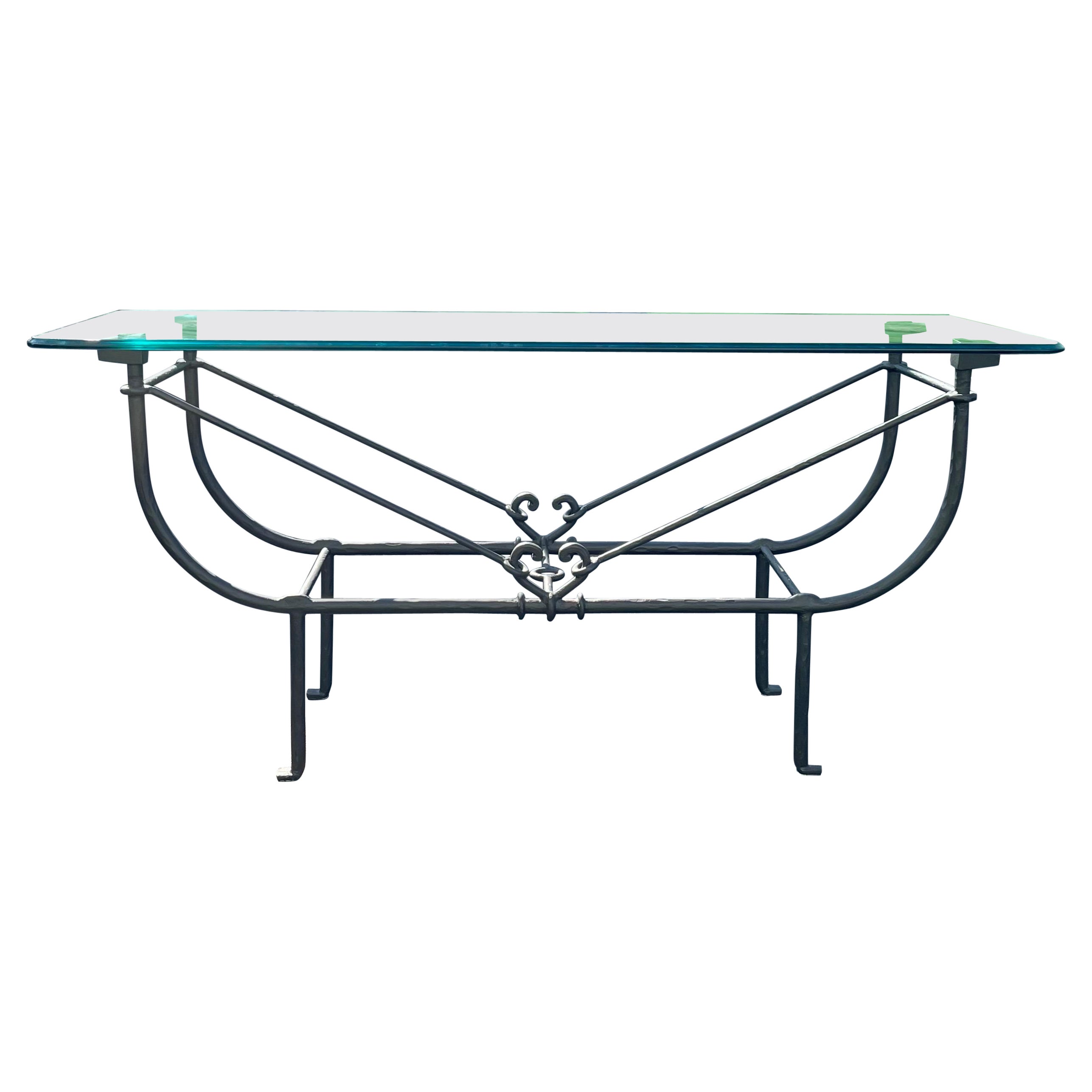 Paul Ferrante American Etruscan Forged and Hammered Iron and Glass Console Table