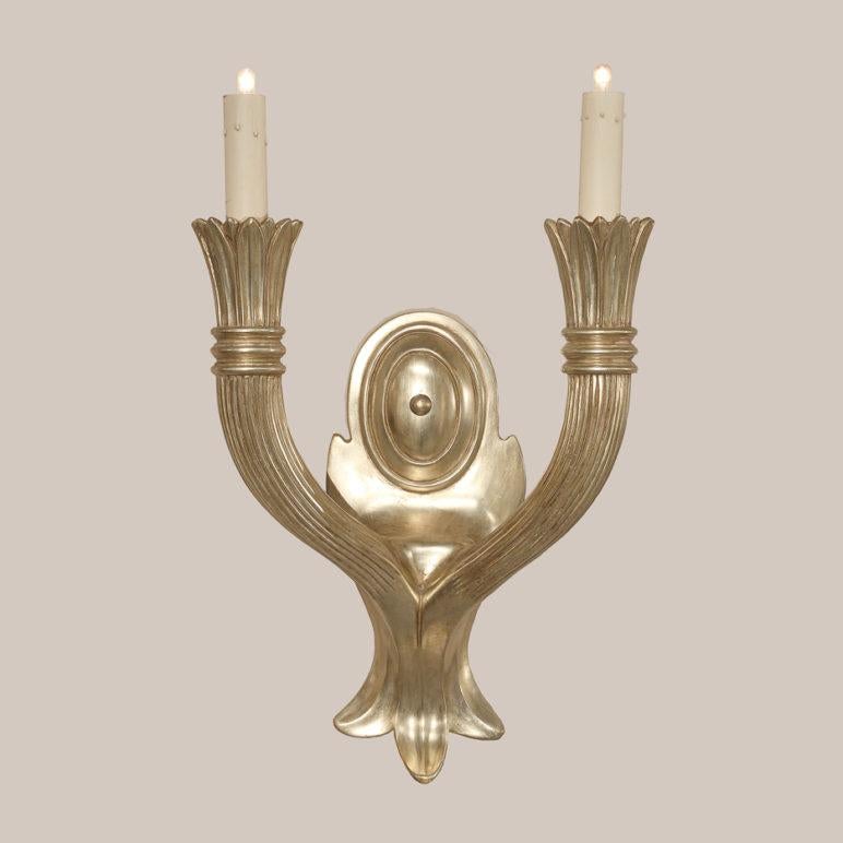 Paul Ferrante Art Deco Giltwood 2 Arm Wall Light Sconces, a Pair In Good Condition In LOS ANGELES, CA