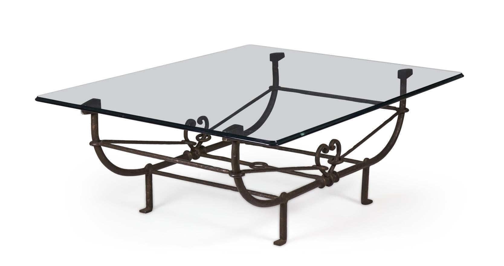 Brutalist Paul Ferrante Etruscan Style Forged and Hammered Iron and Glass Cocktail Table