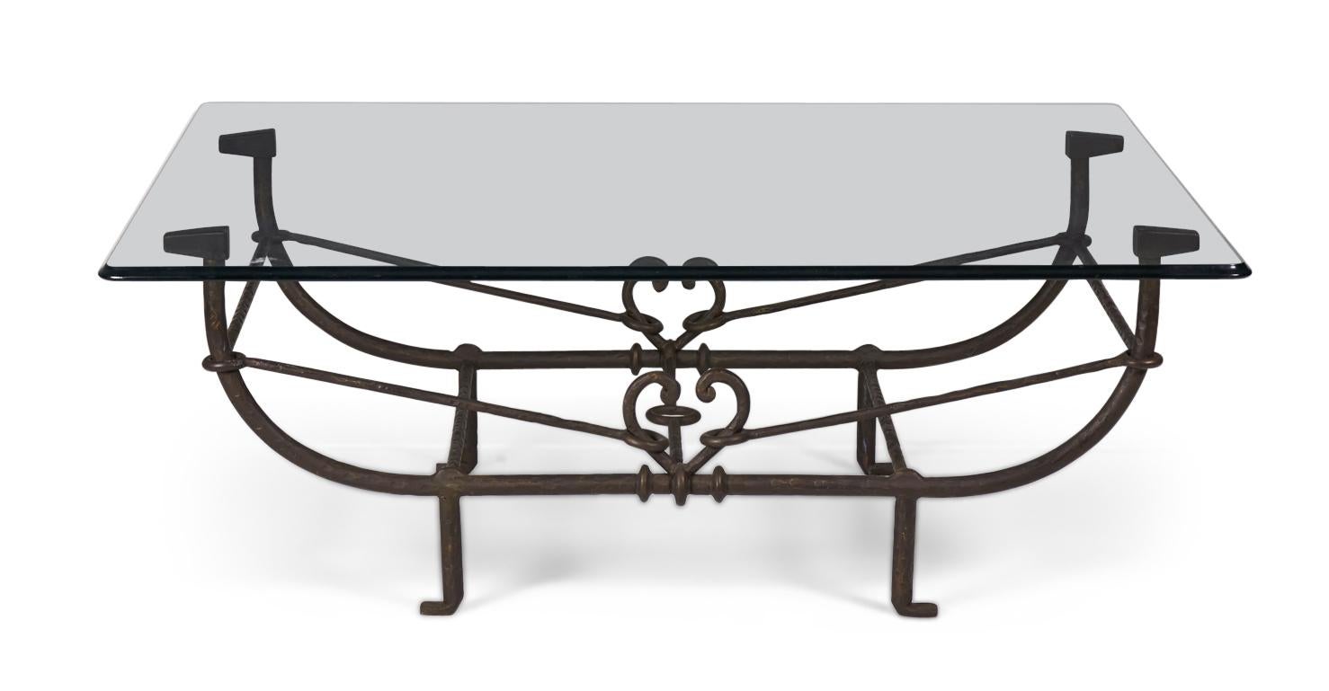 Paul Ferrante Etruscan Style Forged and Hammered Iron and Glass Cocktail Table In Good Condition In New York, NY