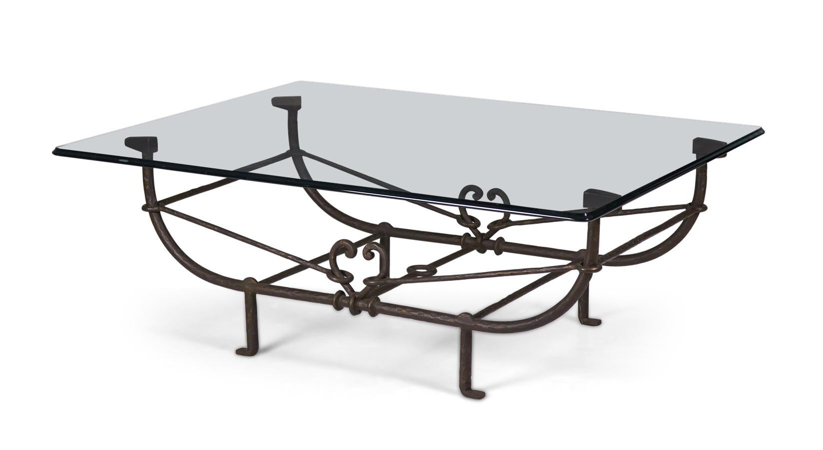 20th Century Paul Ferrante Etruscan Style Forged and Hammered Iron and Glass Cocktail Table