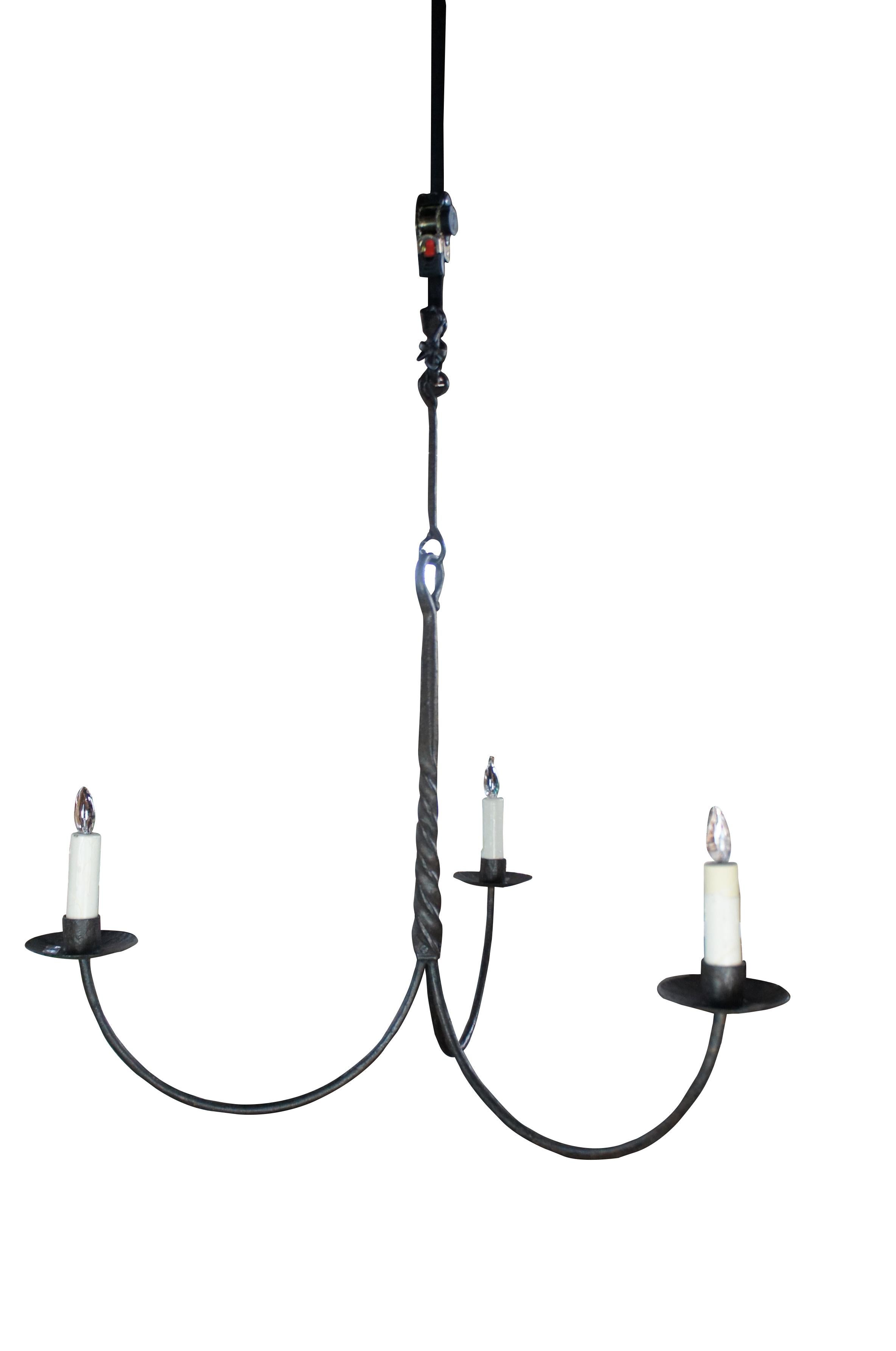 Paul Ferrante Forged Wrought Iron Industrial Gothic 3 Light Wax Drip Chandelier  In Good Condition In Dayton, OH