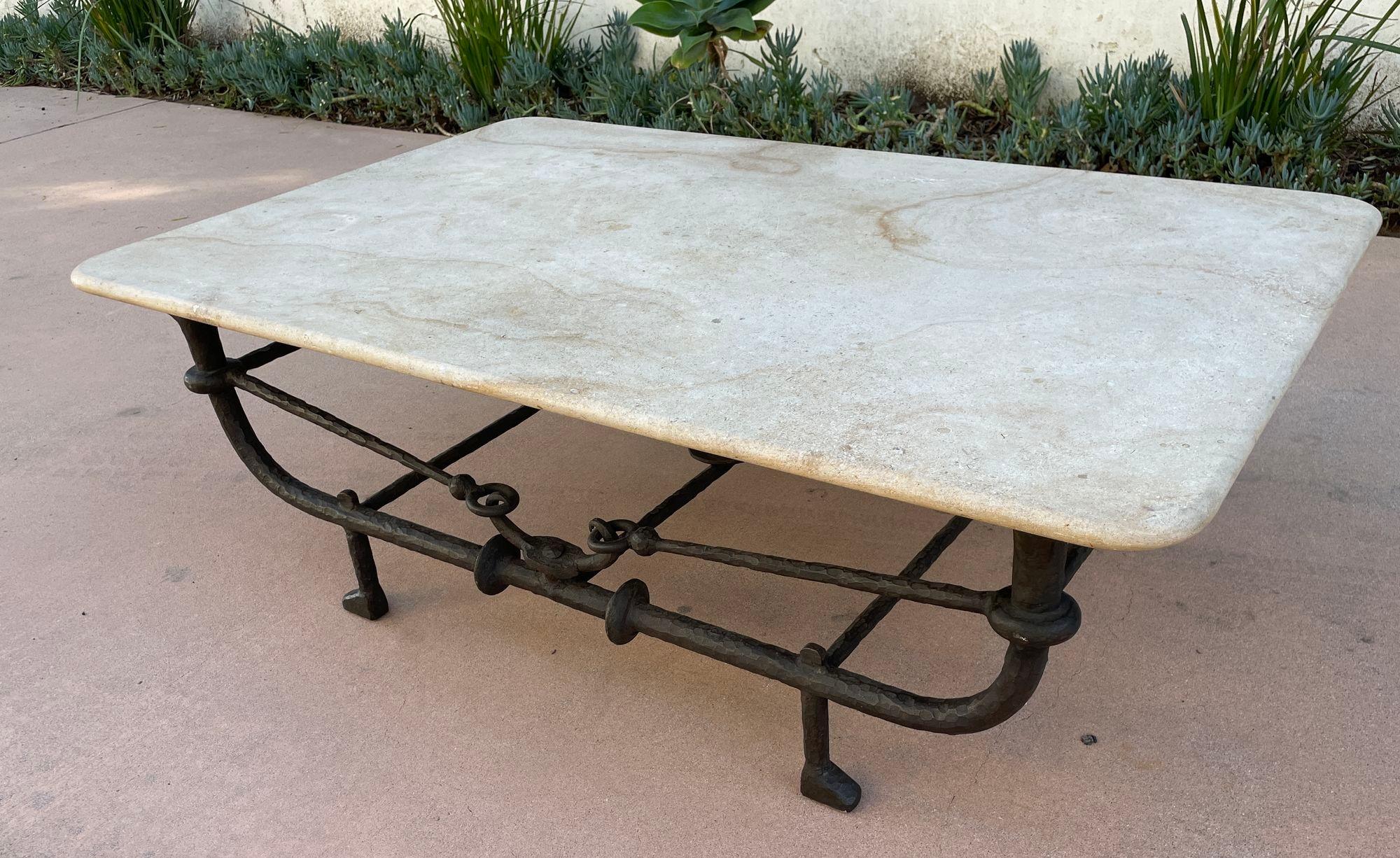 Brutalist Paul Ferrante Sculptural Etruscan Forged Hammered Iron Coffee Table with Stone