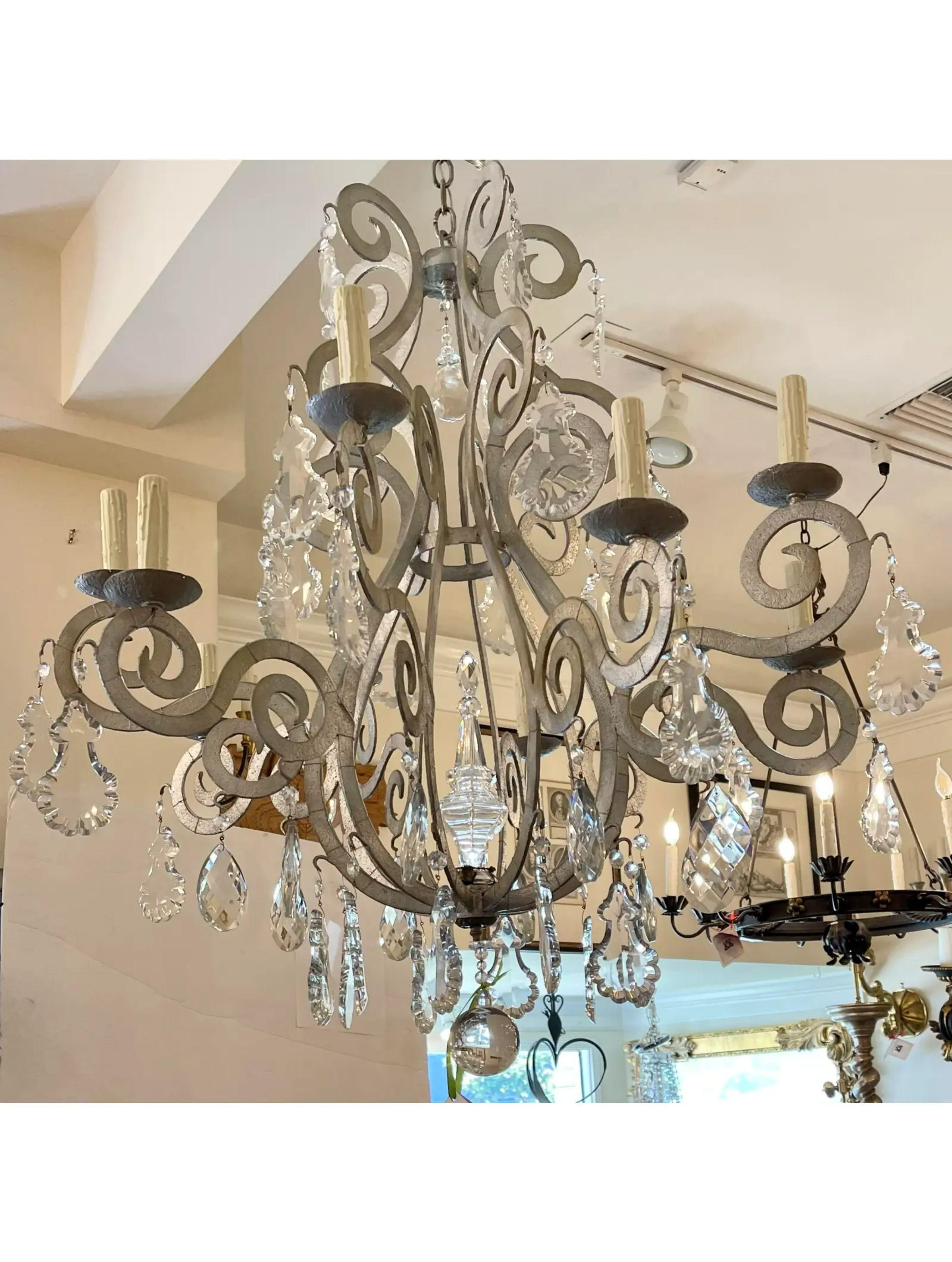 Paul Ferrante Silver Metal & French Crystal Chandelier, 1990s In Good Condition For Sale In LOS ANGELES, CA