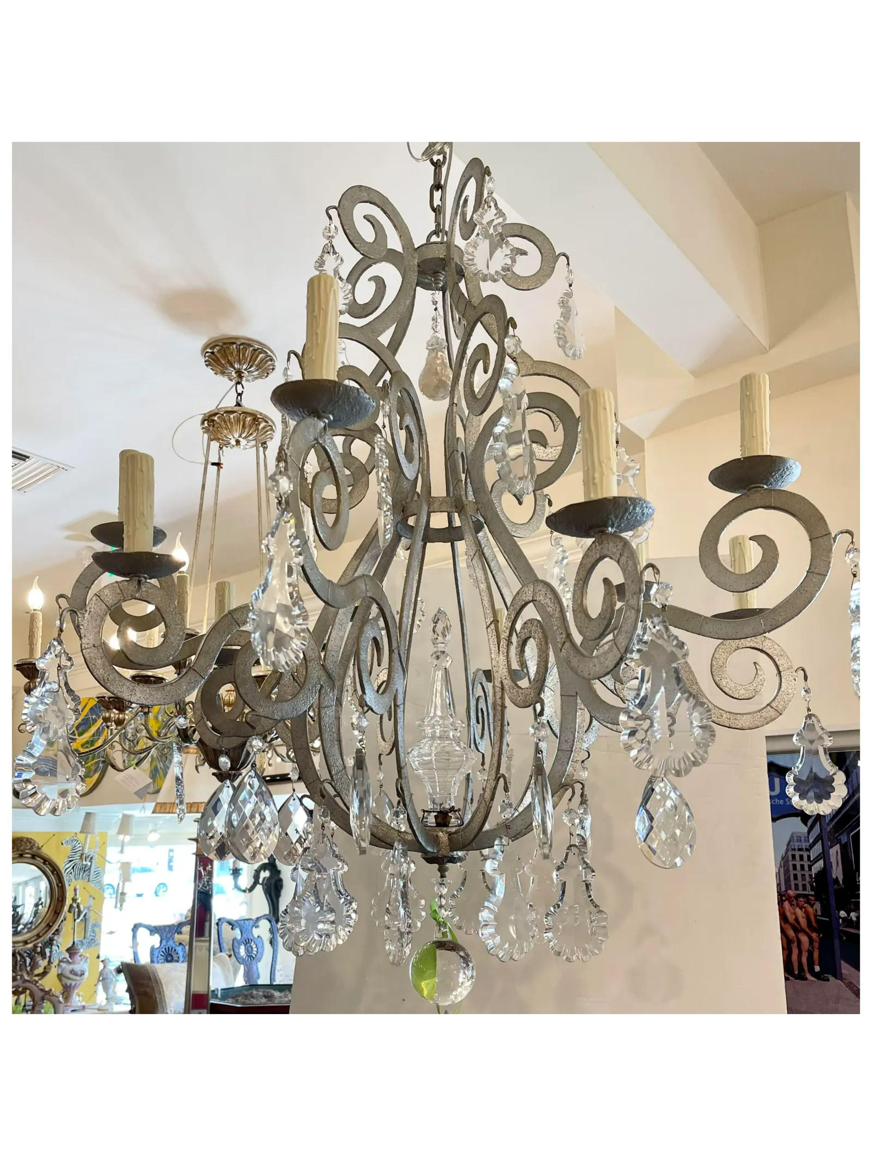 20th Century Paul Ferrante Silver Metal & French Crystal Chandelier, 1990s For Sale