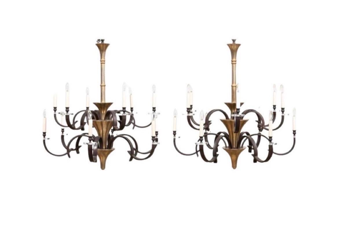 Paul Ferrante Twelve Light Two Tier Modern Chandelier, 2 Available  In Excellent Condition For Sale In Atlanta, GA