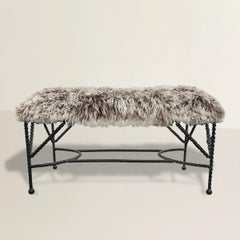 Paul Ferrante Wrought Iron Ottoman with Curly Wool Upholstery